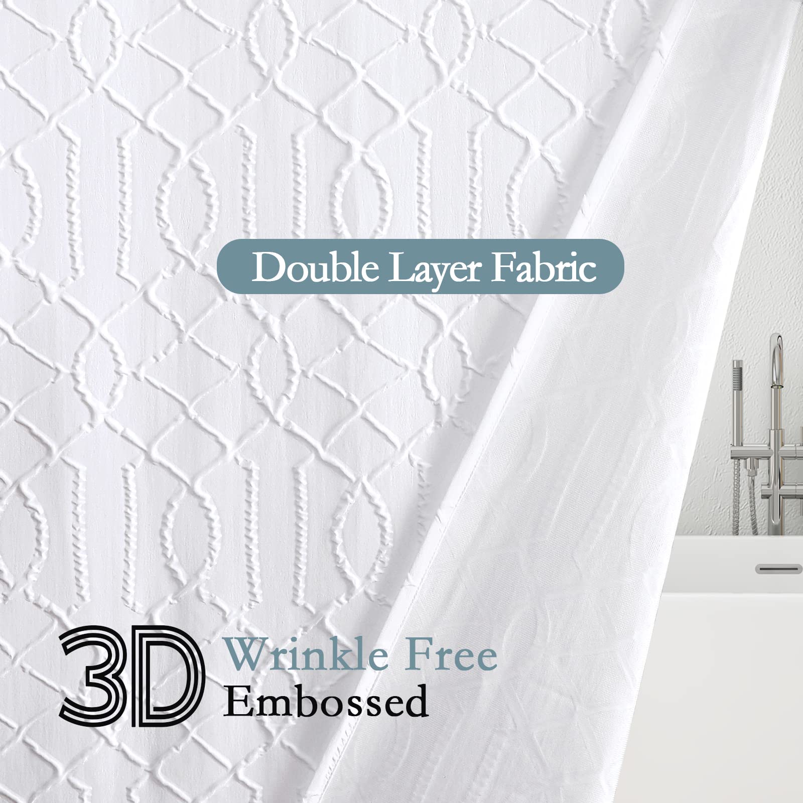 Gibelle White Shower Curtain For Bathroom, 3D Embossed Geometric Textured Fabric Shower Curtain Set With Hooks, Modern Farmhouse