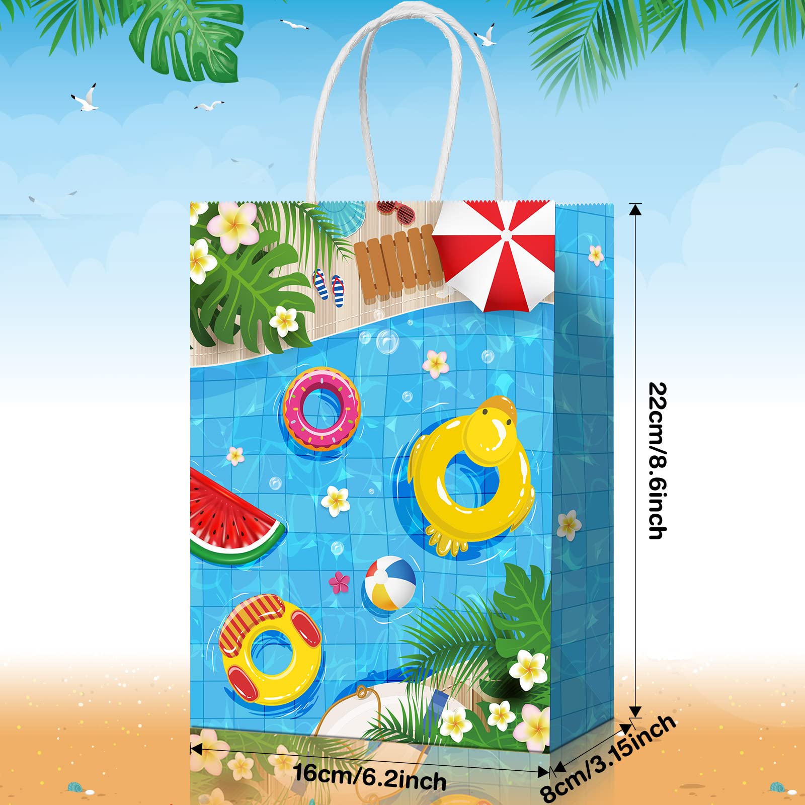Pajean 16 Pcs Beach Party Paper Bags, Summer Pool Goodie Candy Gift Treat Bags For Luau Tropical Beach Party Favors Supplies