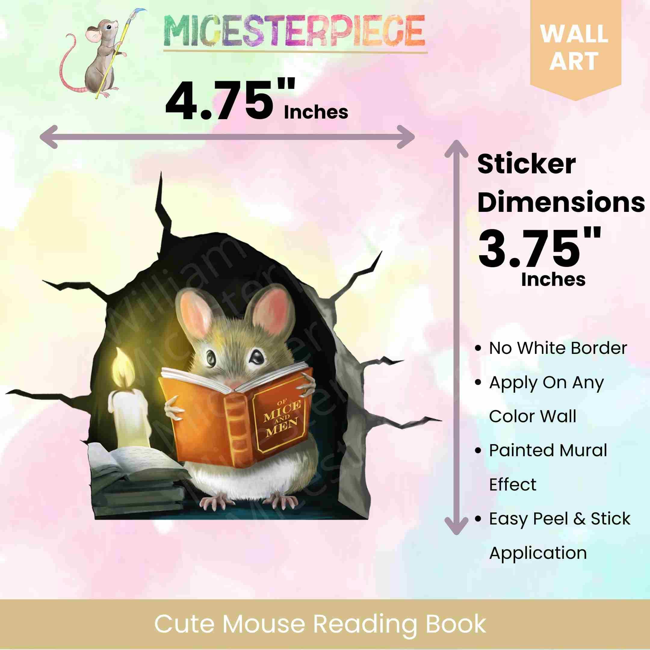 3D Mouse Reading Book In Mouse Hole, Cracked Wall, Decal Sticker, Removable Wall Decor, Book Lover Gift Idea, Baseboard, Wall St