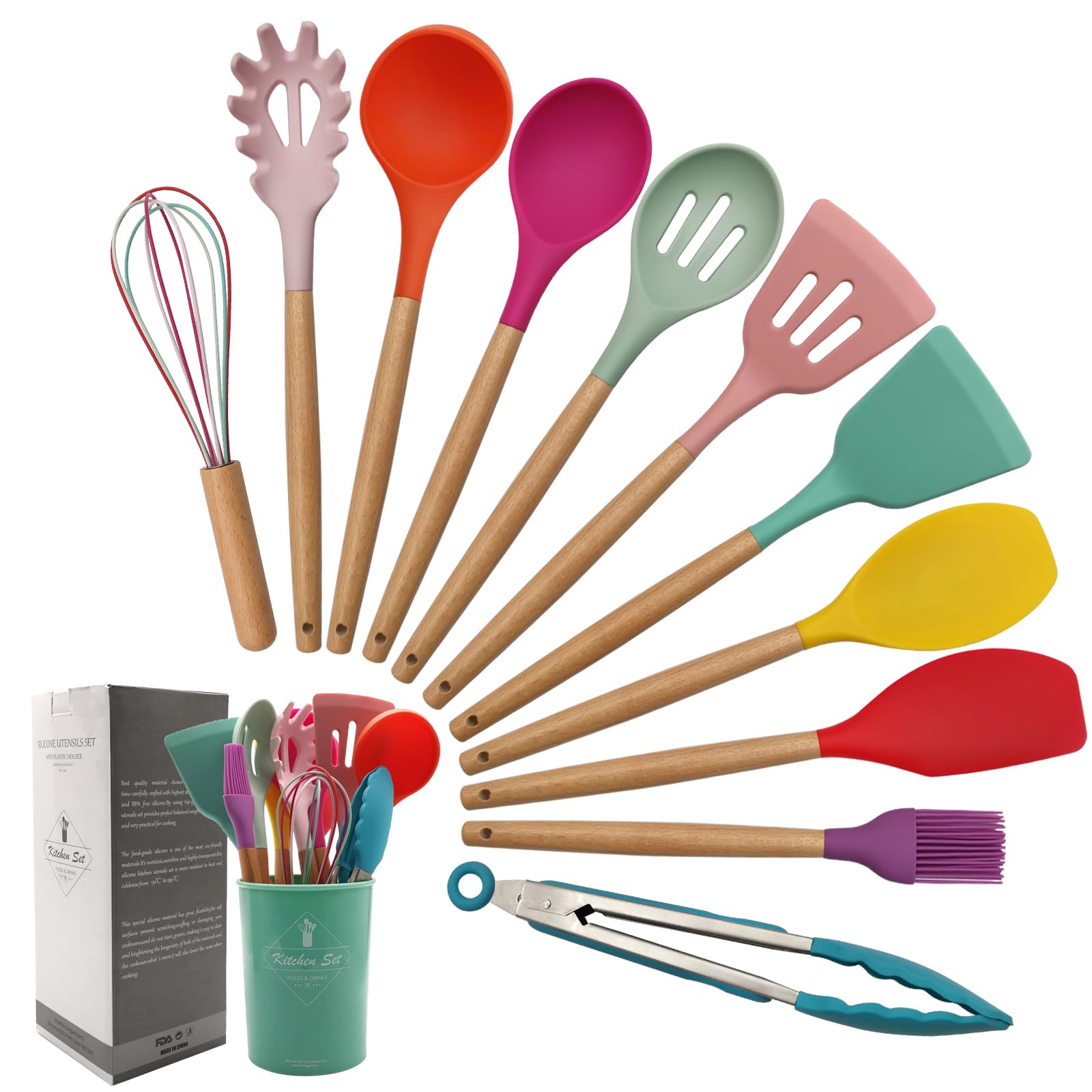 Kitchen Utensils Set Of 12, Silicone Cooking Utensils With Non-Slip Wooden Handle And Organizer Bucket, 446F Heat Resistant Cook