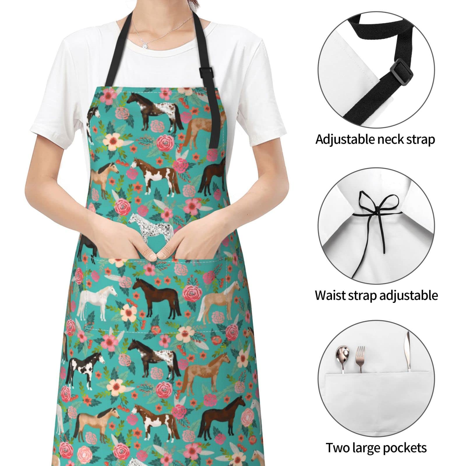 Welbb Aprons With Pockets For Men Women Kitchen Apron Cooking Waterproof With Adjustable Neck Floral Horse Print, Black, One Siz