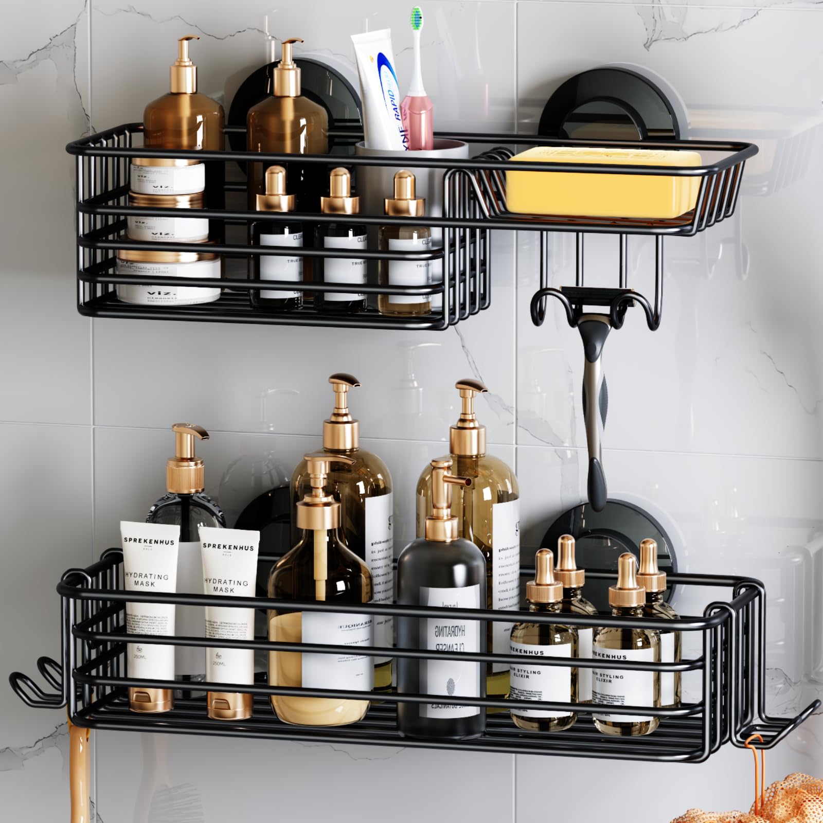 Leverloc Shower Caddy Suction Cup, 2 Pack Shower Shelves For Inside Shower With Hooks & Soap Holder, No-Drilling Bathroom Shower