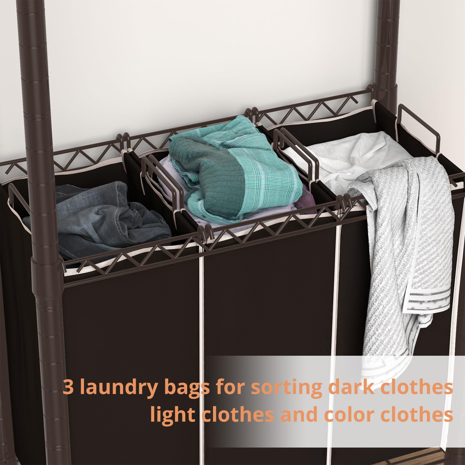 Hodonas Laundry Sorter 3 Section With Hanging Bar, Rolling Laundry Hamper Cart 3-Bag Laundry Basket Organizer Sorter With Hangin