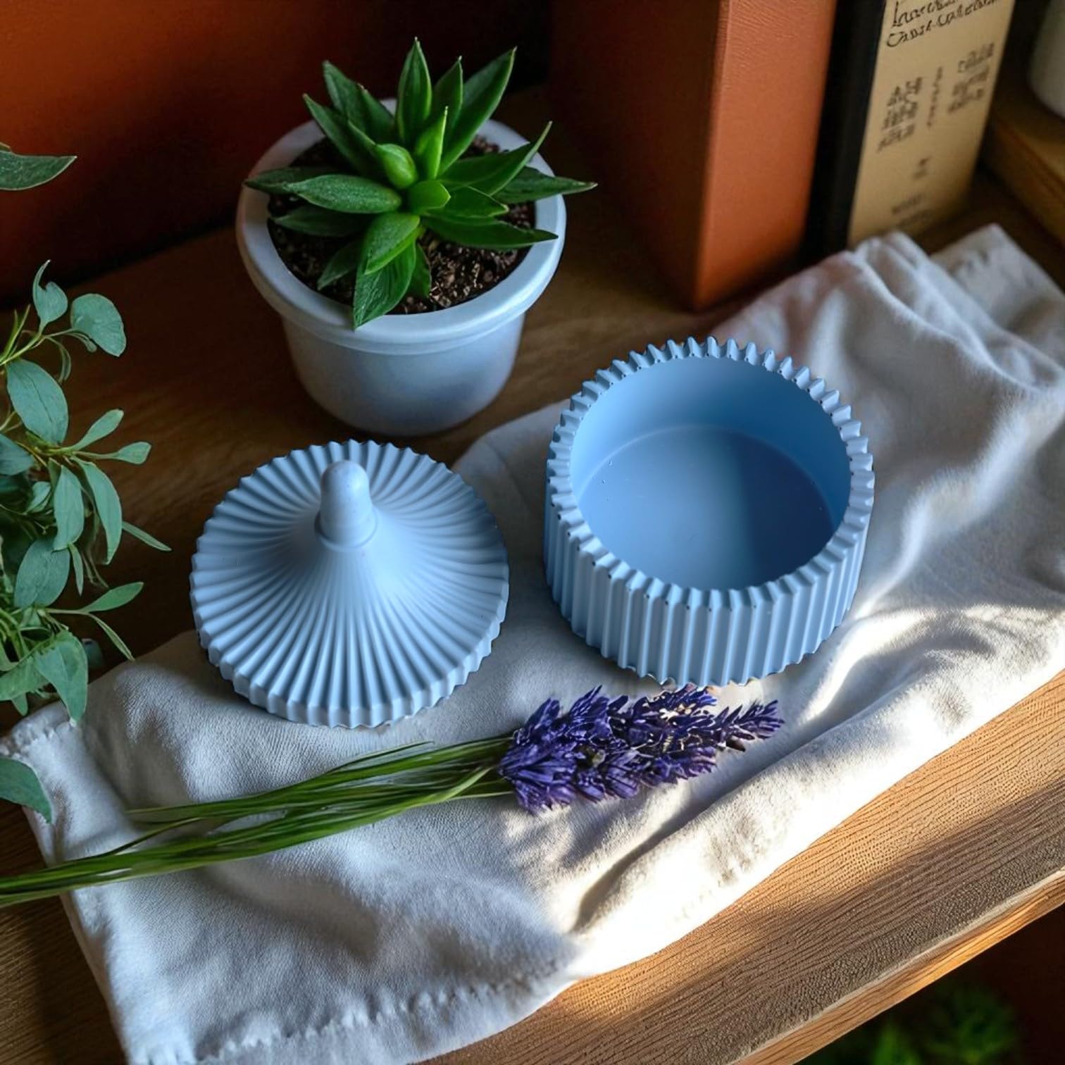 Hello Handmade Rippled Jesmonite Storage Jar Powder Blue | Handcrafted Decorative Container For Jewelry, Candles, Cotton Pads & 