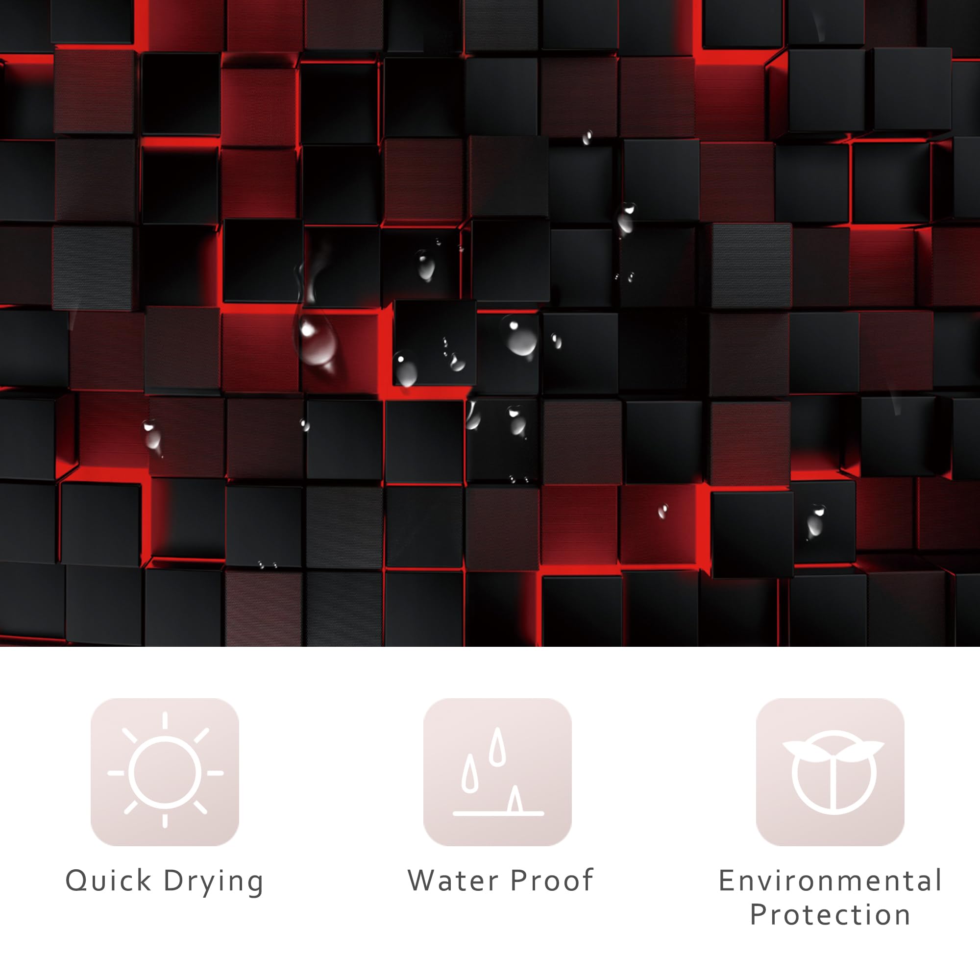 Riyidecor Black Red Shower Curtain 60Wx72H Inch Abstract Wall Brick Modern 3D Gradient Design Futuristic Cubes Geometric Plaid M