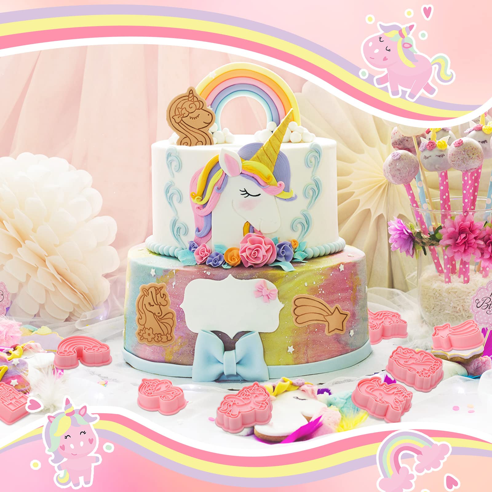 8 Pcs Unicorn Cookie Cutters With Plunger Stamps Set Unicorn Shape Embossing Cookie Stamp Pink Animal Unicorn Cracker Mold 3D Co