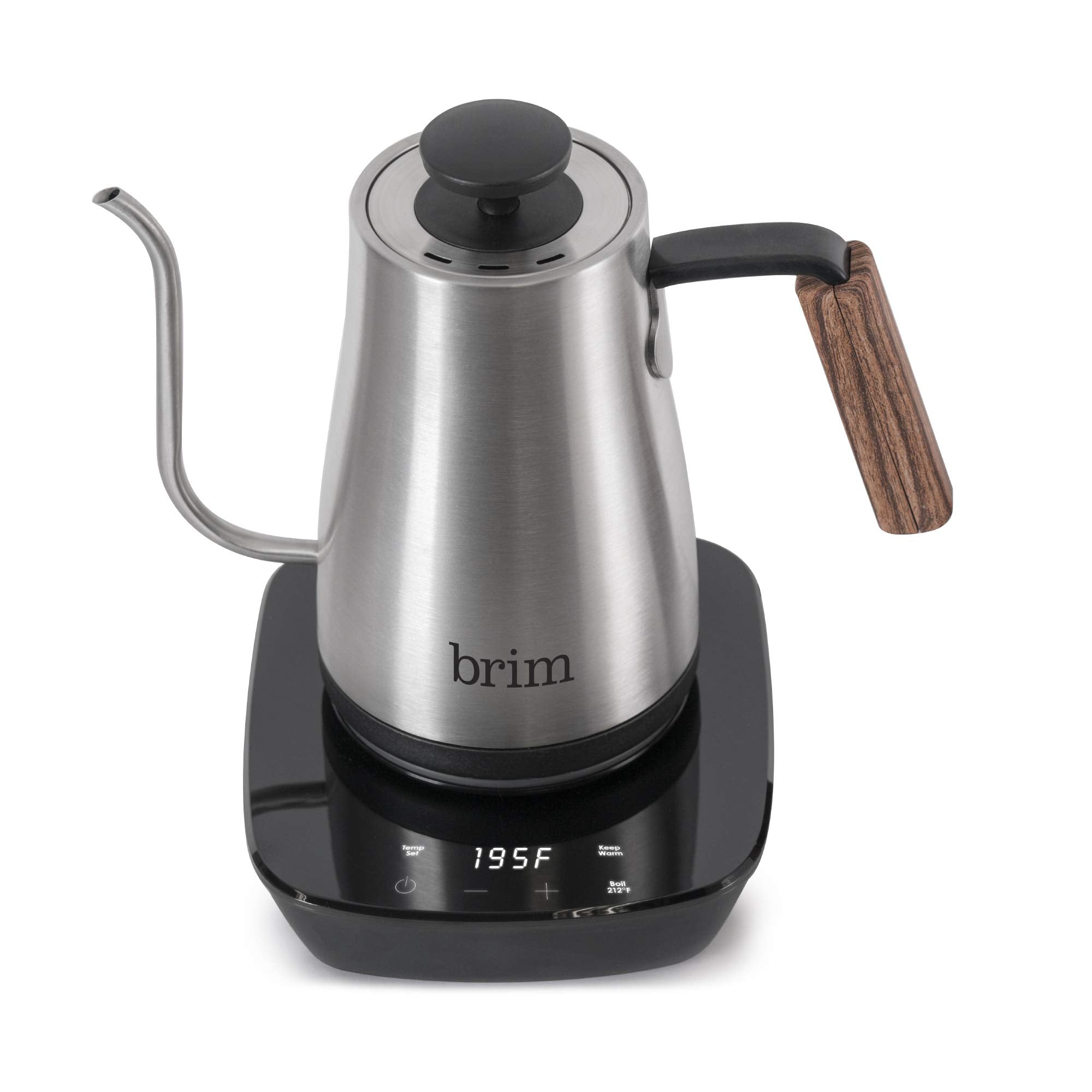 Brim 08L Gooseneck Kettle W Wood Handle, Easy Brewing Pour Over Coffee, Tea Or Hot Beverages, 6 Variable Temperature Presets, Ca