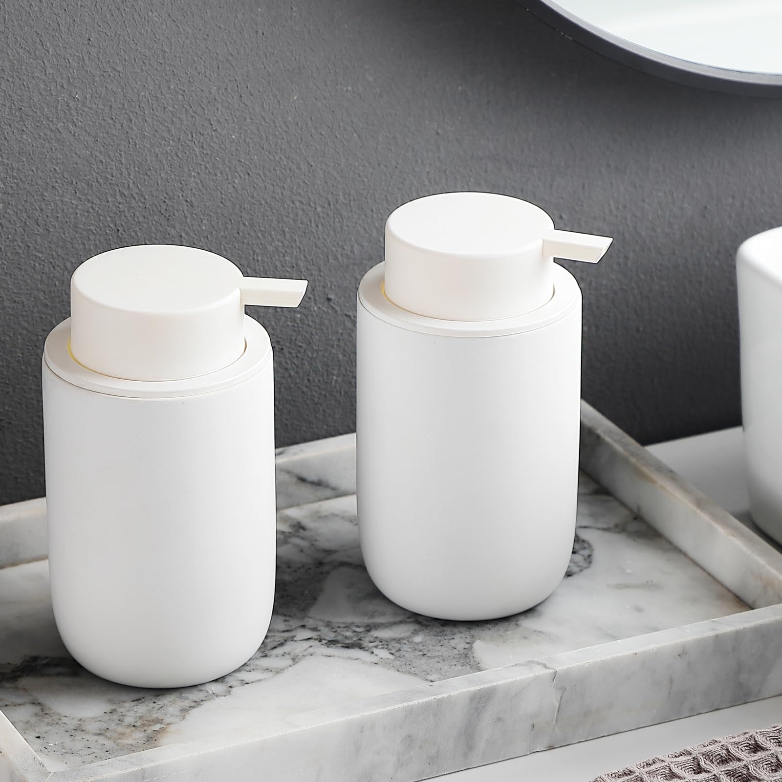 White Soap Dispenser Set- Modern Ceramic Hand Soap Dispenser for Bathroom Refillable Liquid Hand Soap Dispenser with Soap Pump for Liquid Soap for Farmhouse Kitchen Bathroom Decor 2 Pack