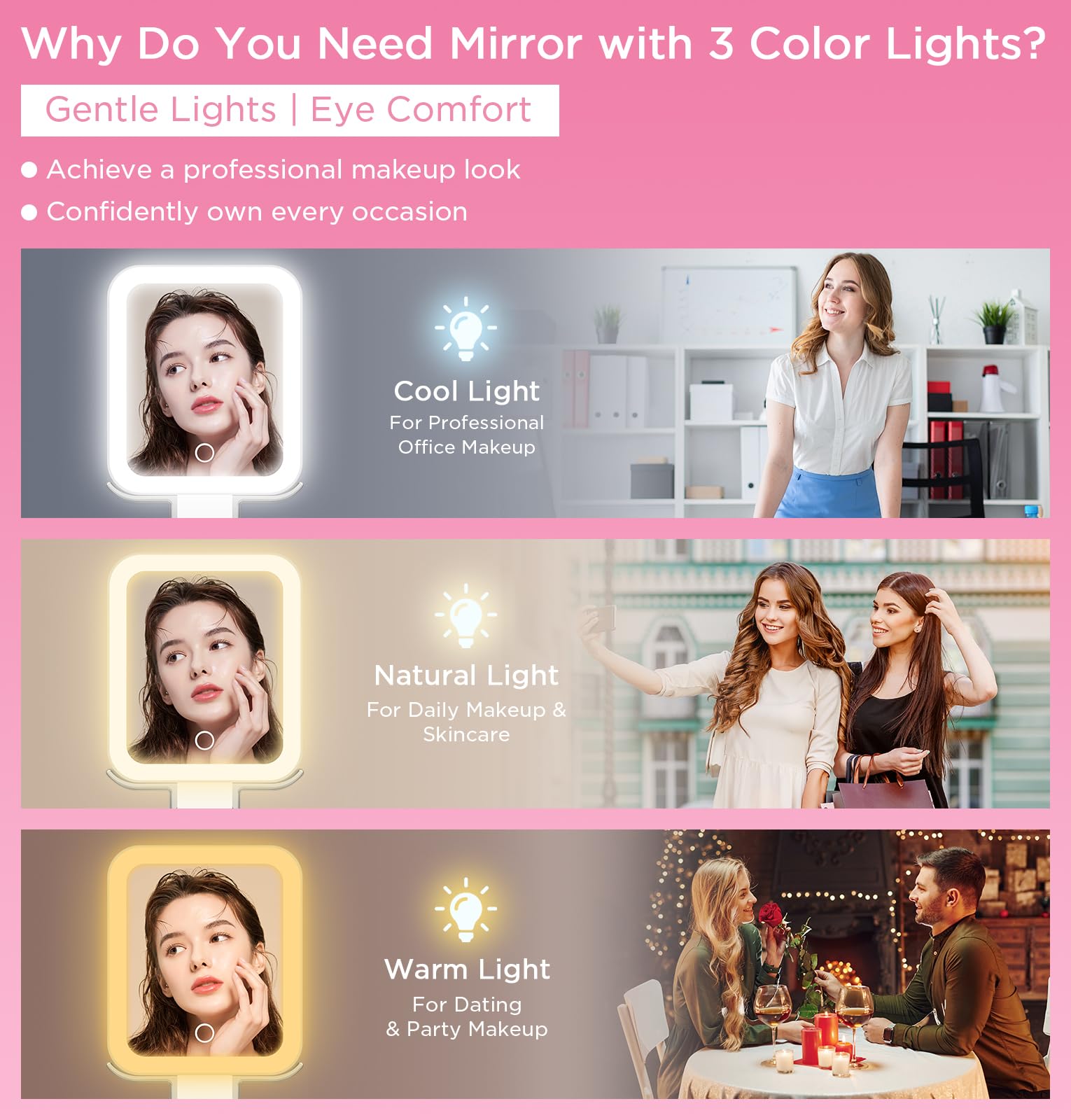 EAONE Vanity Makeup Mirror with Lights, Magnifying Mirror 10X/1X Double Sided with 3 Color Lighting & Dimmable Touch Screen, Com