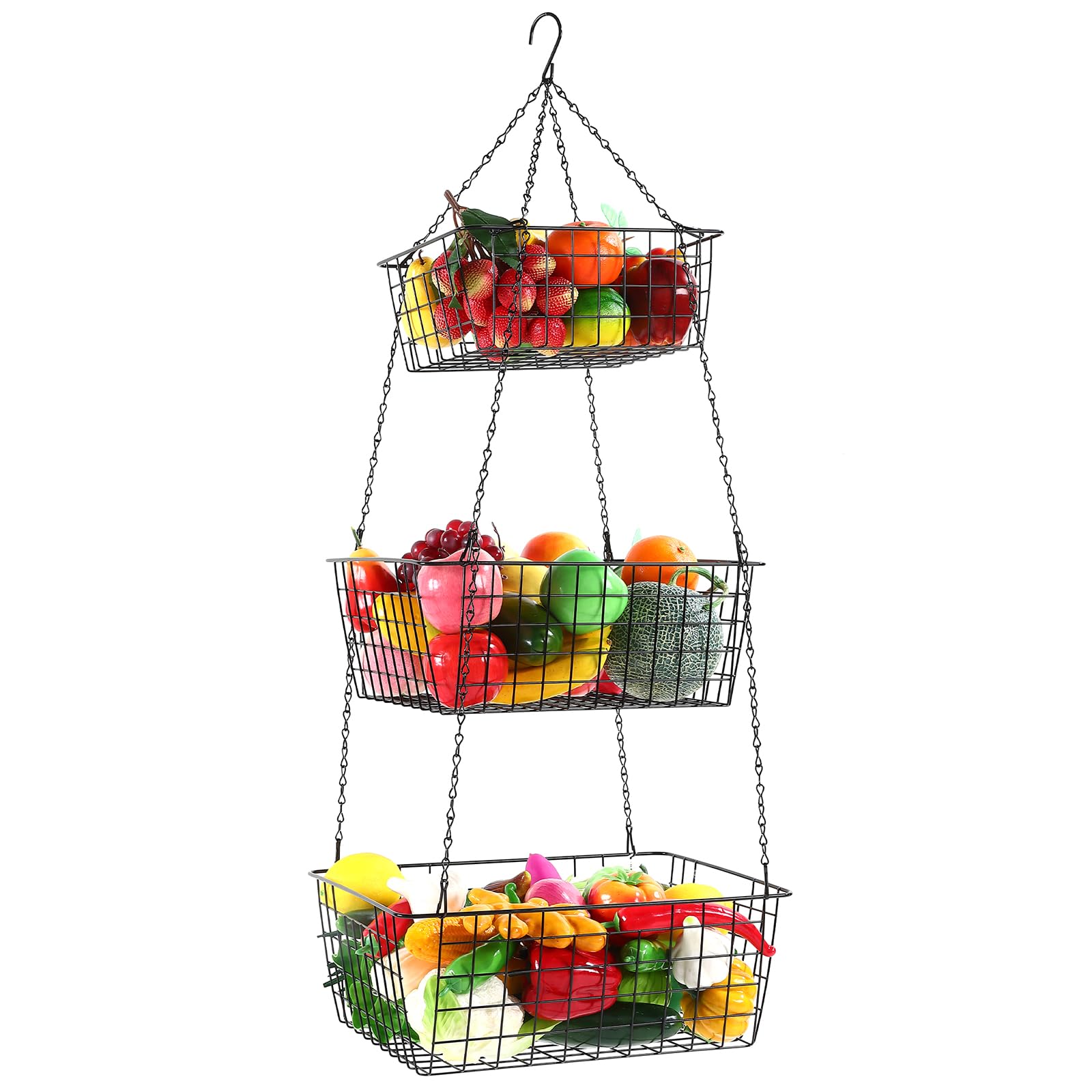 Hicarer 3 Tier Hanging Fruit Basket Square 35.4 Inch Fruit Organizer Kitchen Heavy Duty Wire Organizer with Metal Ceiling Hooks 