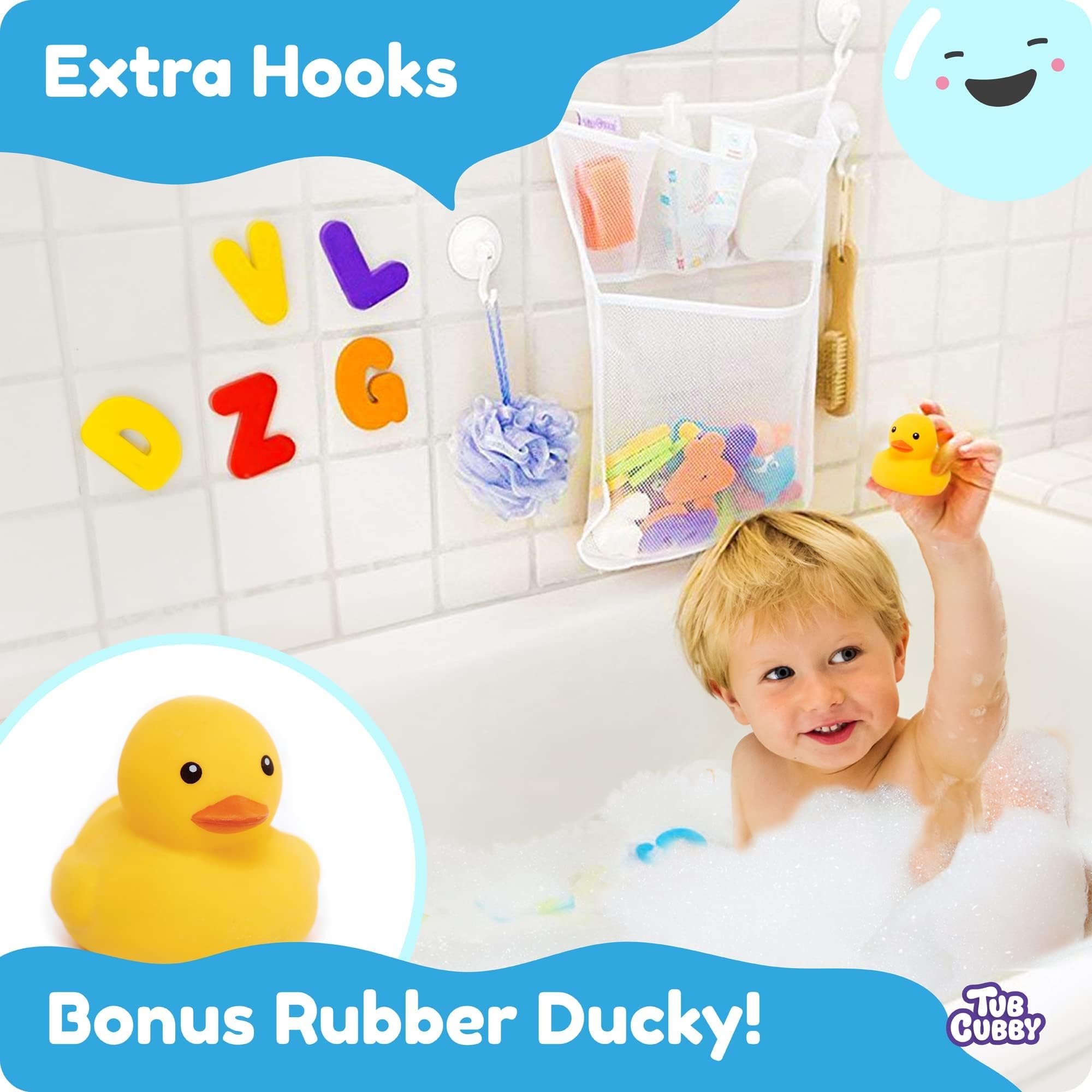 Original Tub Cubby Bath Toy Storage Organizer - 14''X20'' Mesh Shower Caddy With Suction Cup & Adhesive Hooks, Toy Storage Net O