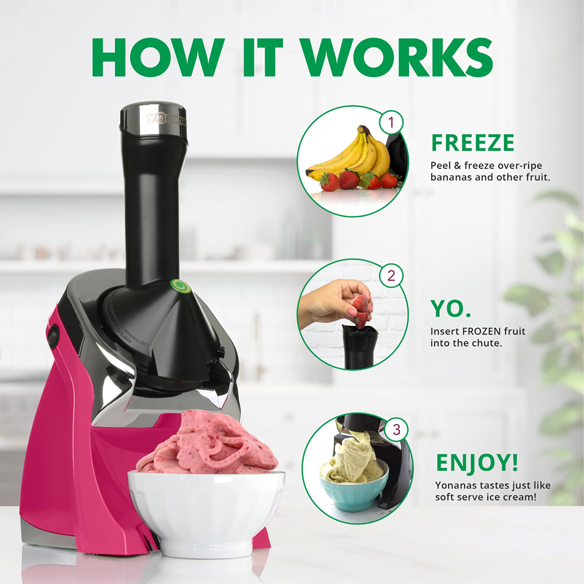 Yonanas 988Hp Deluxe Vegan Non-Dairy Frozen Fruit Soft Serve Dessert Maker, Bpa Free, Includes 75 Recipes, 200 Watts, Pink