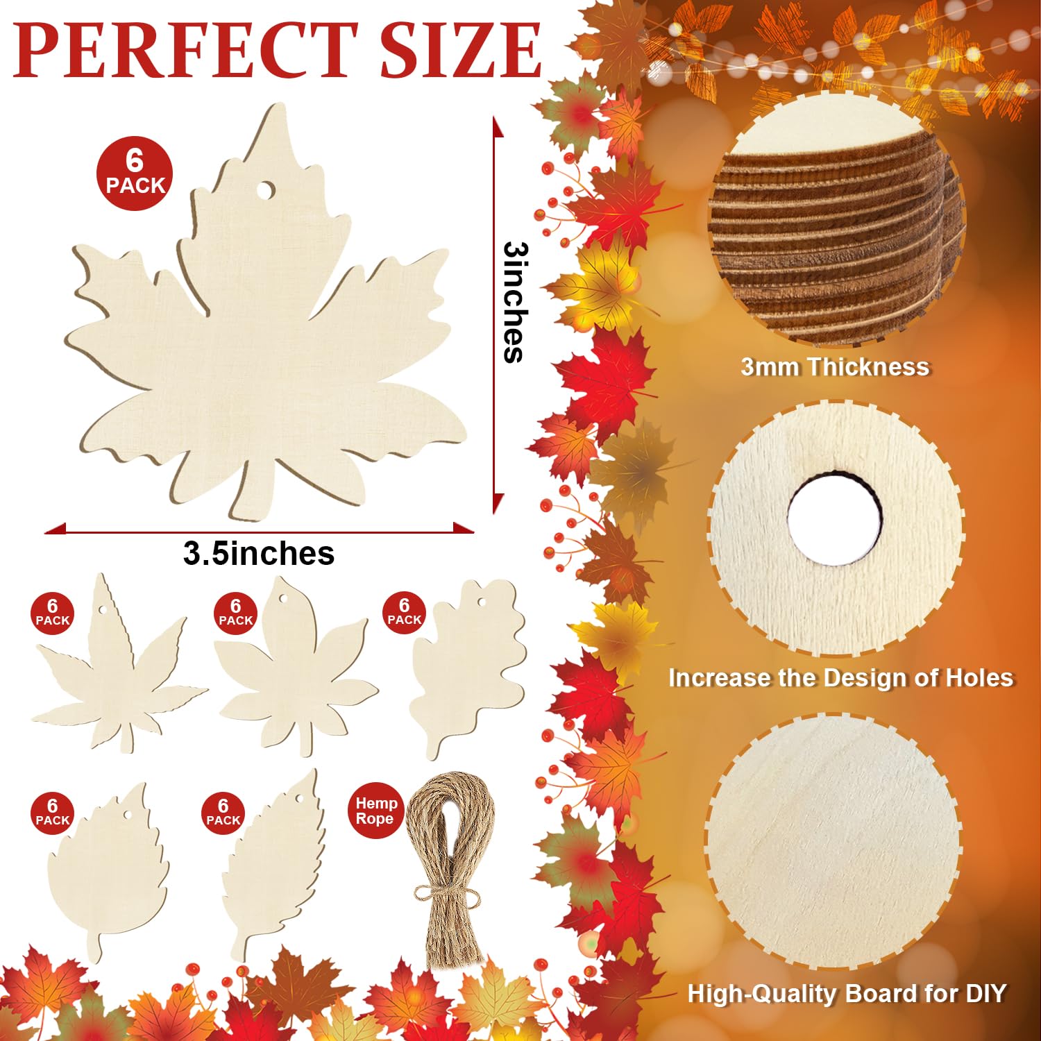 36PCS Wooden Fall Ornaments to Paint Thanksgiving Decorations, 6 Styles DIY Blank Autumn Unfinished Wood Maple Leaves Turkey Pum