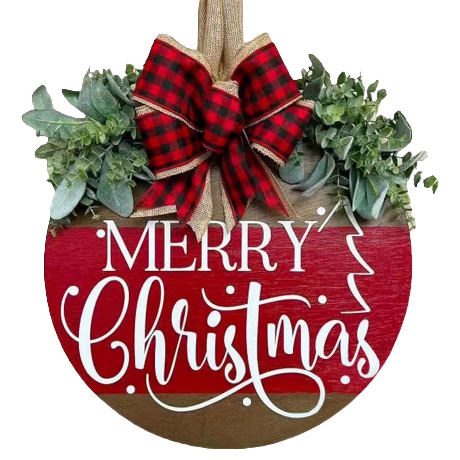 Merry Christmas Wreath Hanging Sign for Front Door, Wooden Welcome Wreaths Sign with Bow for Holiday Rustic Farmhouse Outdoor Wa