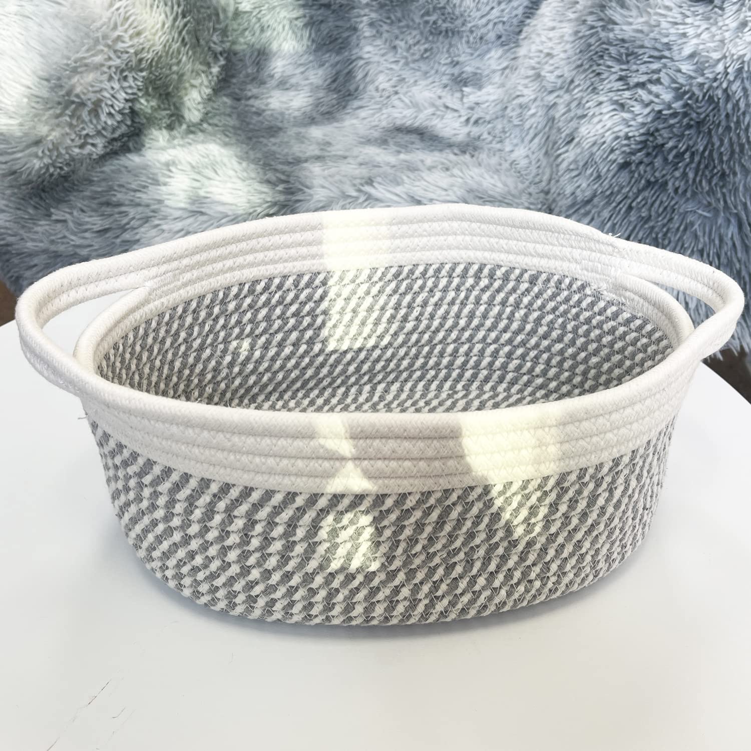 ABenkle Small Woven Basket  12''x 8'' x 5'' Cute Small Basket  Rope Room Shelf Storage Basket  Cat Dog Toys Basket Chest Box  Empty Decorative Gift Basket with Handles