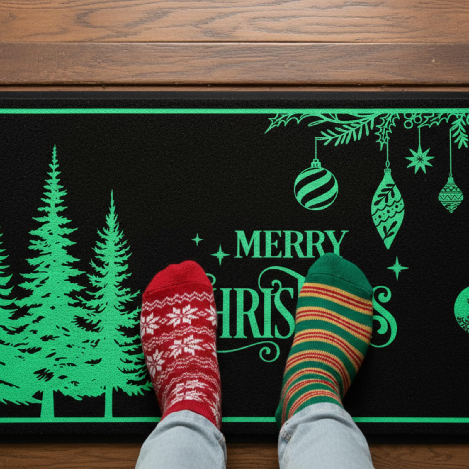 Nuanchu Glow in The Dark Merry Christmas Doormats Entrance Rugs 17x27 Decorative Luminous Kitchen Rugs Light Balls Hanging Xmas