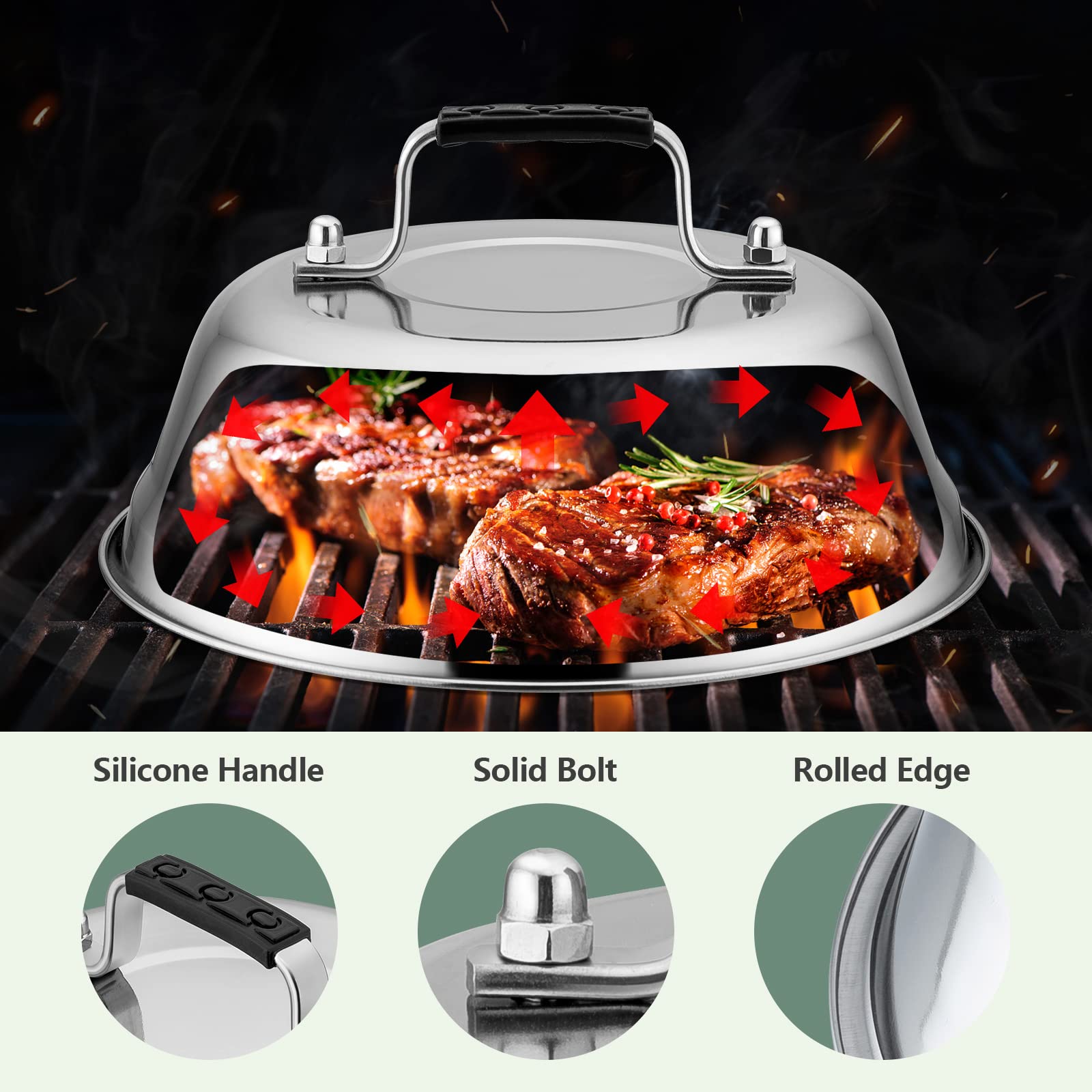 2Pcs Melting Dome For Griddle, Leonyo 13'' Rectangle Basting Cover With Adjustable Vent, Stainless Steel 9'' Round Burger Dome L
