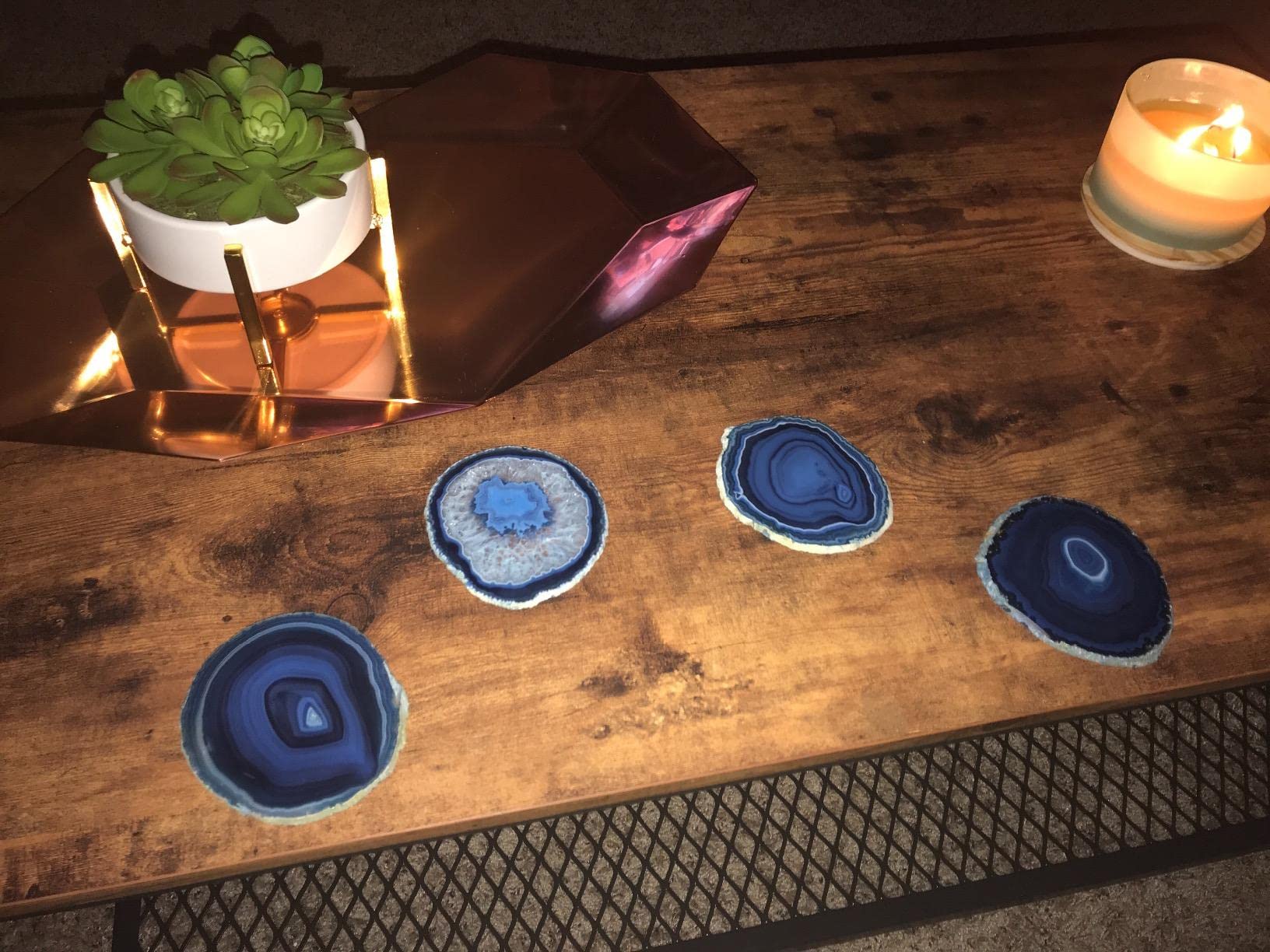 Amoystone Natural Stone Coasters Set Of 4 Blue Agate Crystal Coasters 3-3.5'' For Drinks Slice Coaster Cup Mat Beverage Mother G