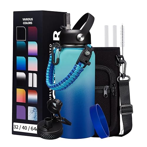 Stainless Steel Flask Water Bottle - 32oz/40oz/64oz Insulated Water Bottle with Straw & Spout Lids  Paracord Handle  Strap Sleeve  Protective Cup Mat  Wide Mouth Hydro Thermo Bottle Sports Office