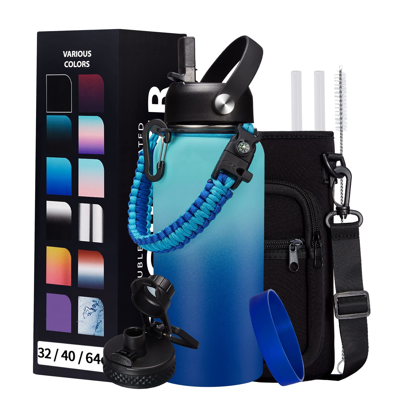 Stainless Steel Flask Water Bottle - 32Oz/40Oz/64Oz Insulated Water Bottle With Straw & Spout Lids, Paracord Handle, Strap Sleev