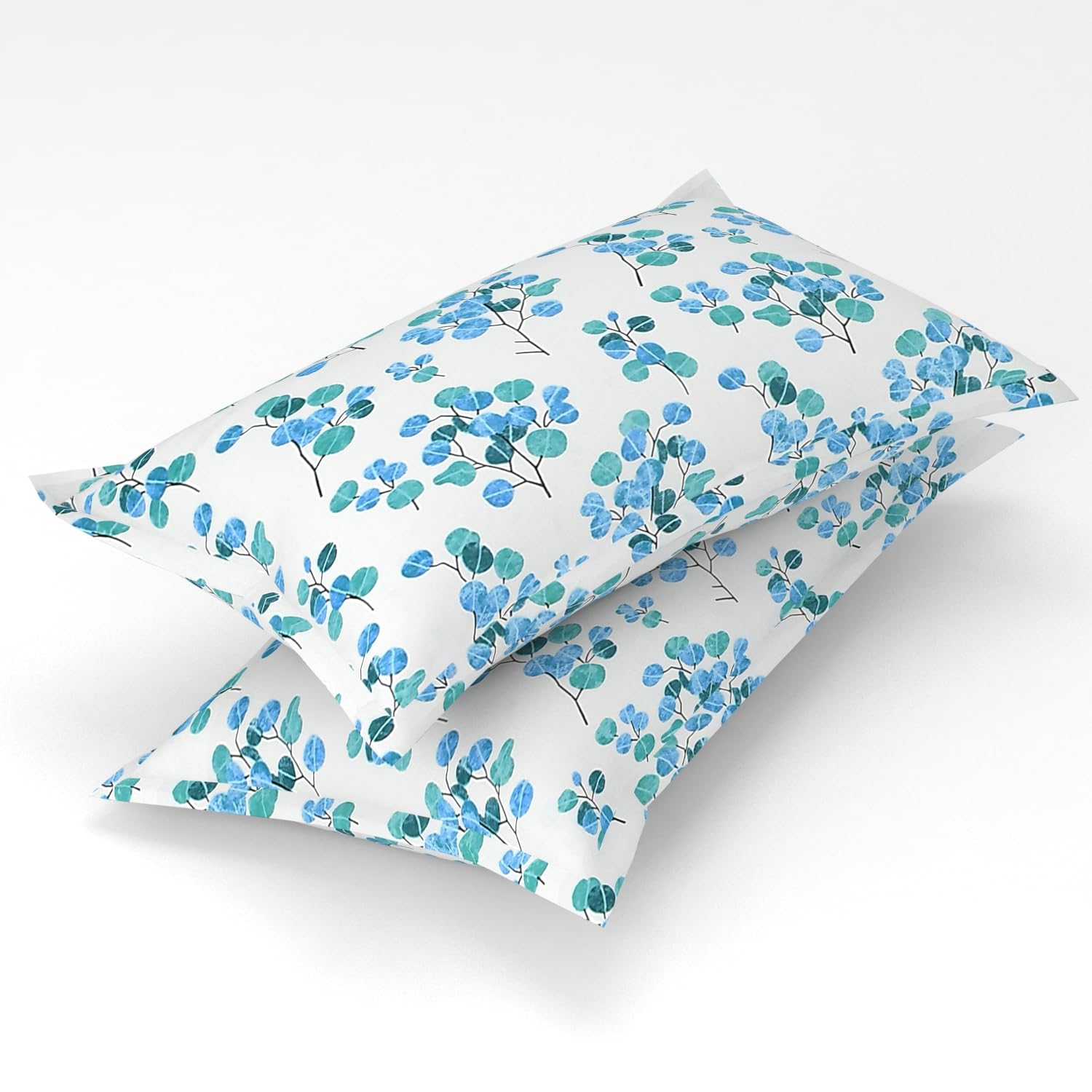 Homefab India 2 Piece Printed Glace Cotton Pillow Covers - White, Auqa, Floral
