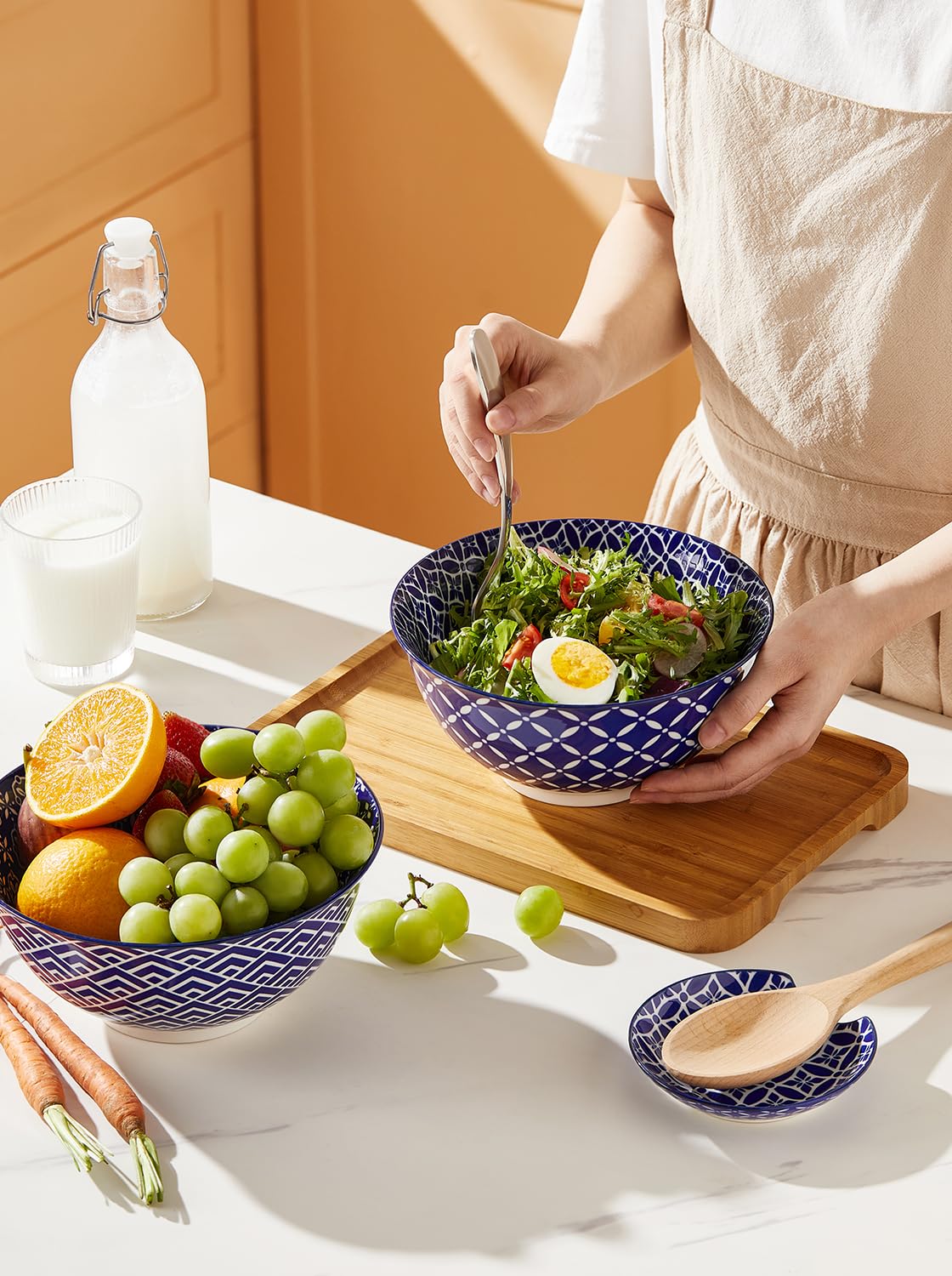 Metahom Large Salad Bowls, 48 Oz Serving Bowls For Soup, Pho, Pasta, Blue And White Ceramic Bowls For Kitchen, Set Of 3, Microwa