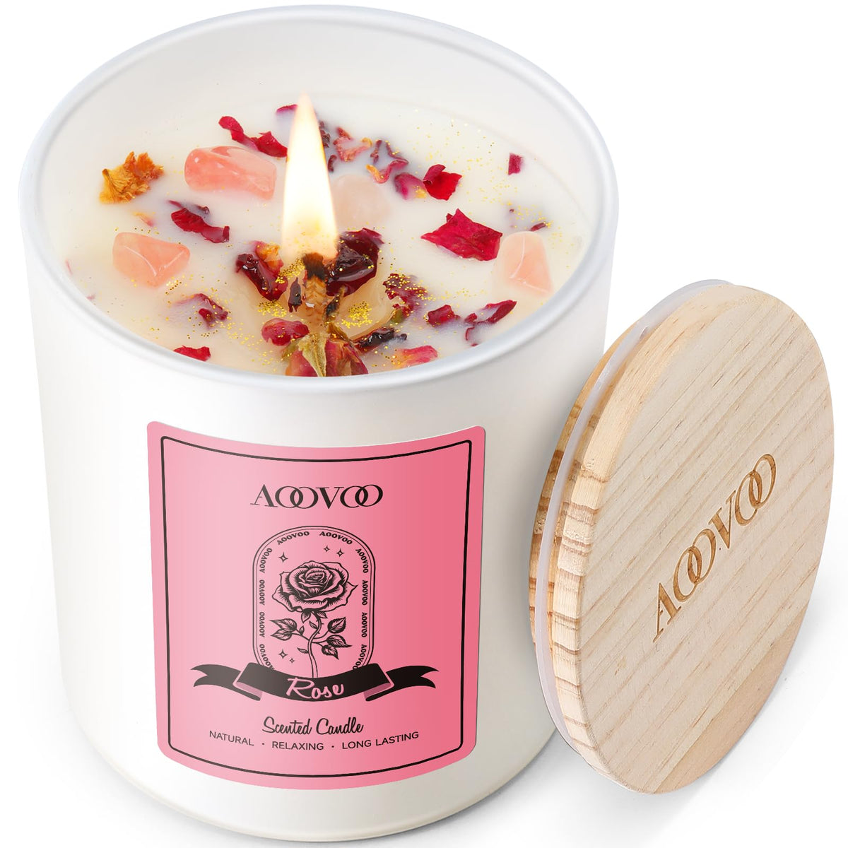 AOOVOO Rose Scented Candles for Women - Aromatherapy Candle with Crystals Inside, 10oz Soy Candles for Home Scented, Valentines