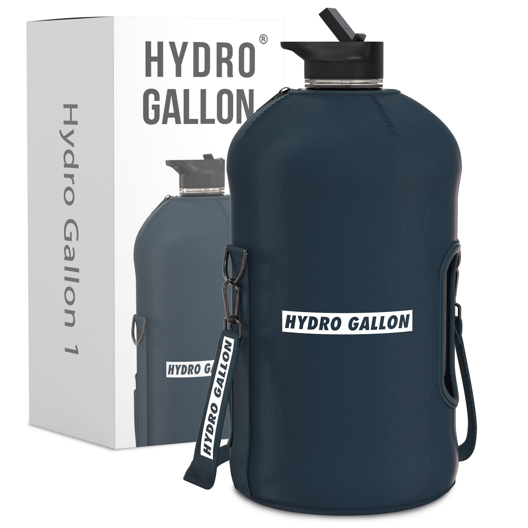 Hydro Gallon - 1 Gallon Water Bottle Jug With Insulated Sleeve And Straw Lid, Handle, Time Marker, Pocket, Shoulder Strap. Daily