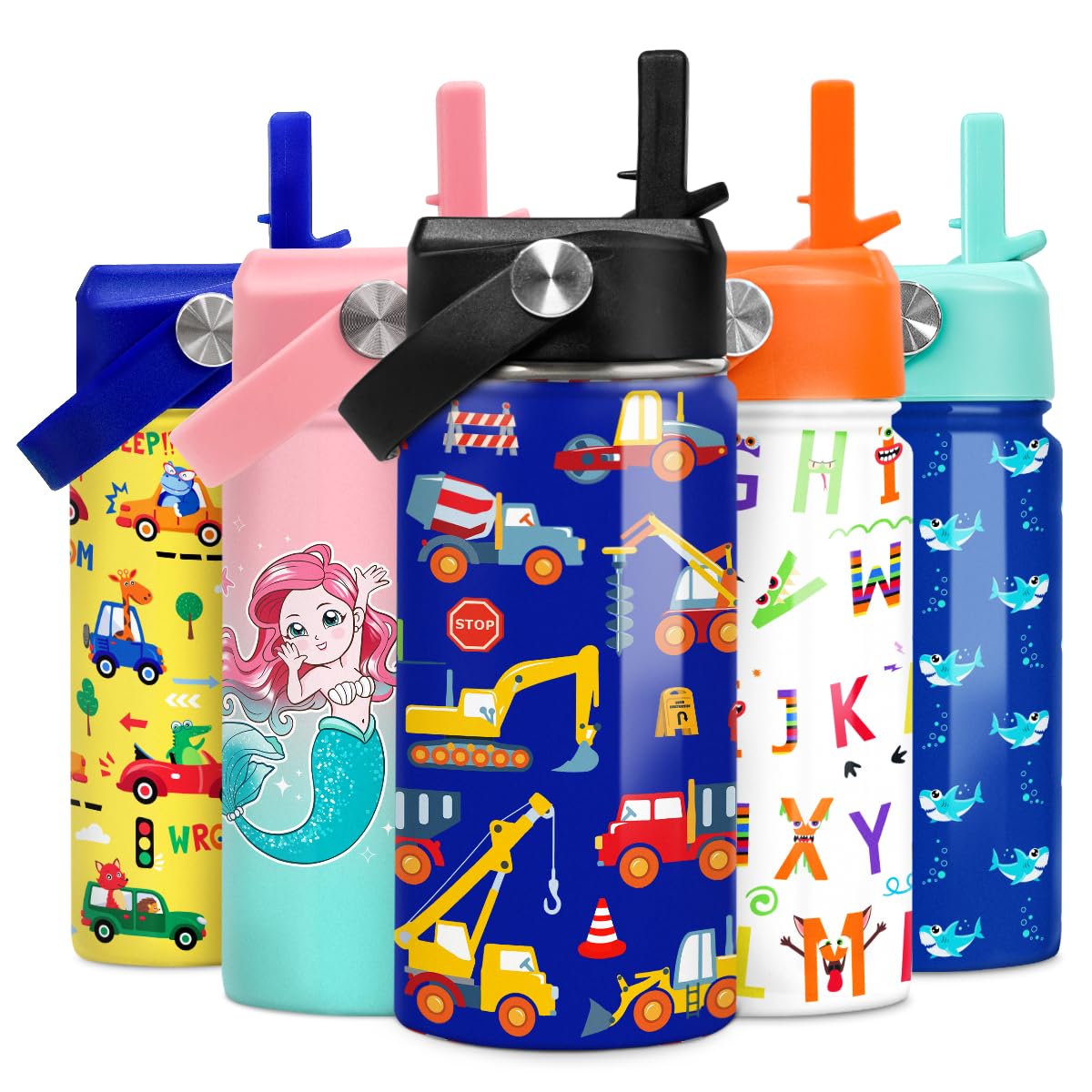 Kids Water Bottle With Straw Construction Insulated Water Bottles 12Oz Stainless Steel Travel School Tumbler Double Wall Vacuum
