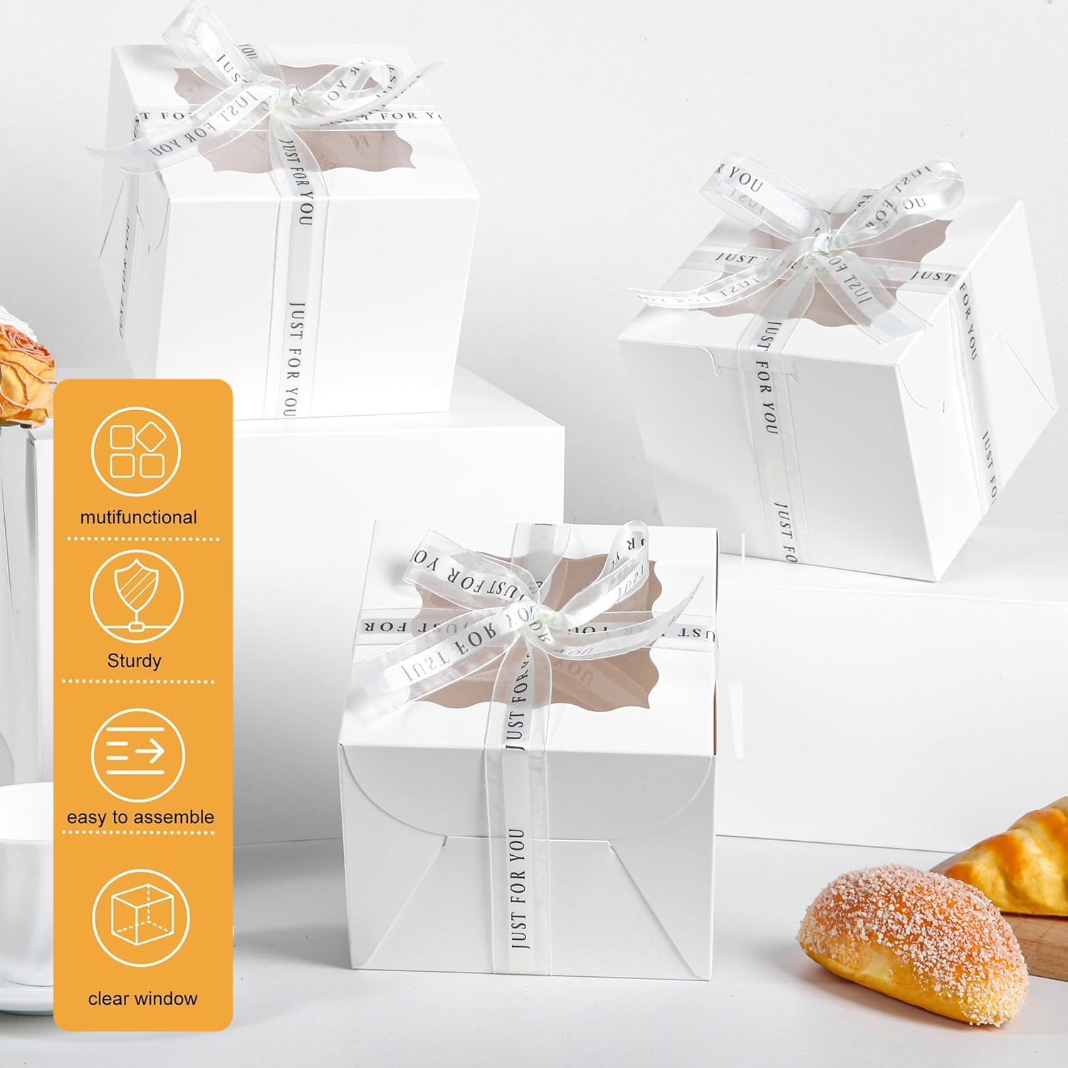 JCD 48PCS 7x7x5 inch Mini Cake Boxes with Cake Boards, White Bakery Boxes with Window for Pastries,Cake Containers with Ribbon f