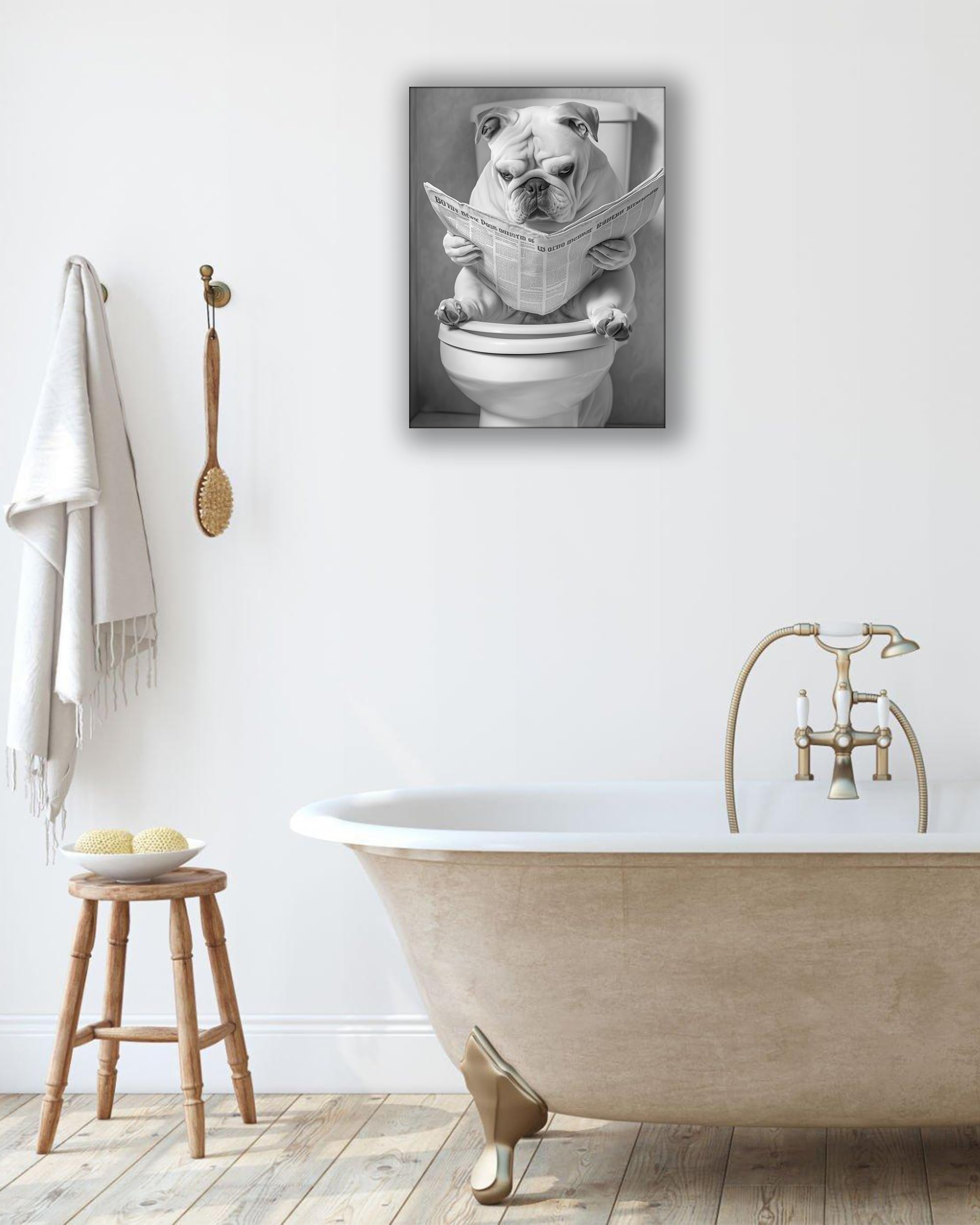 Upwoigh Bathroom Wall Art, Black And White French Bulldog Dog Reading The Newspaper Wall Docer, Wood Framed Canvas Wall Art Anim