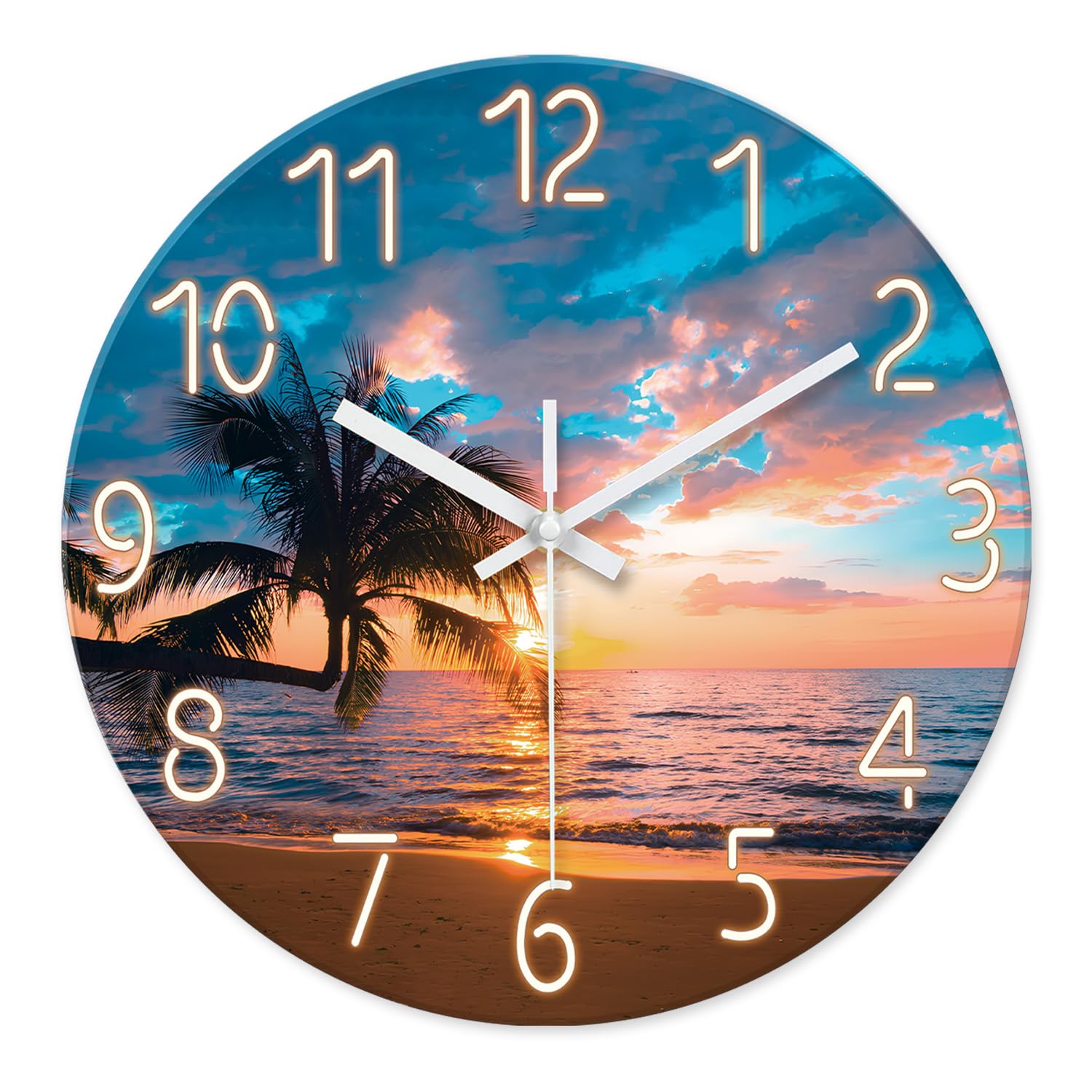 Xfm Coastal Blue Clock For Living Room - Palm Tree Beach Wall Clock Silent Non-Ticking - Big Wall Clock Battery Operated 16 Inch