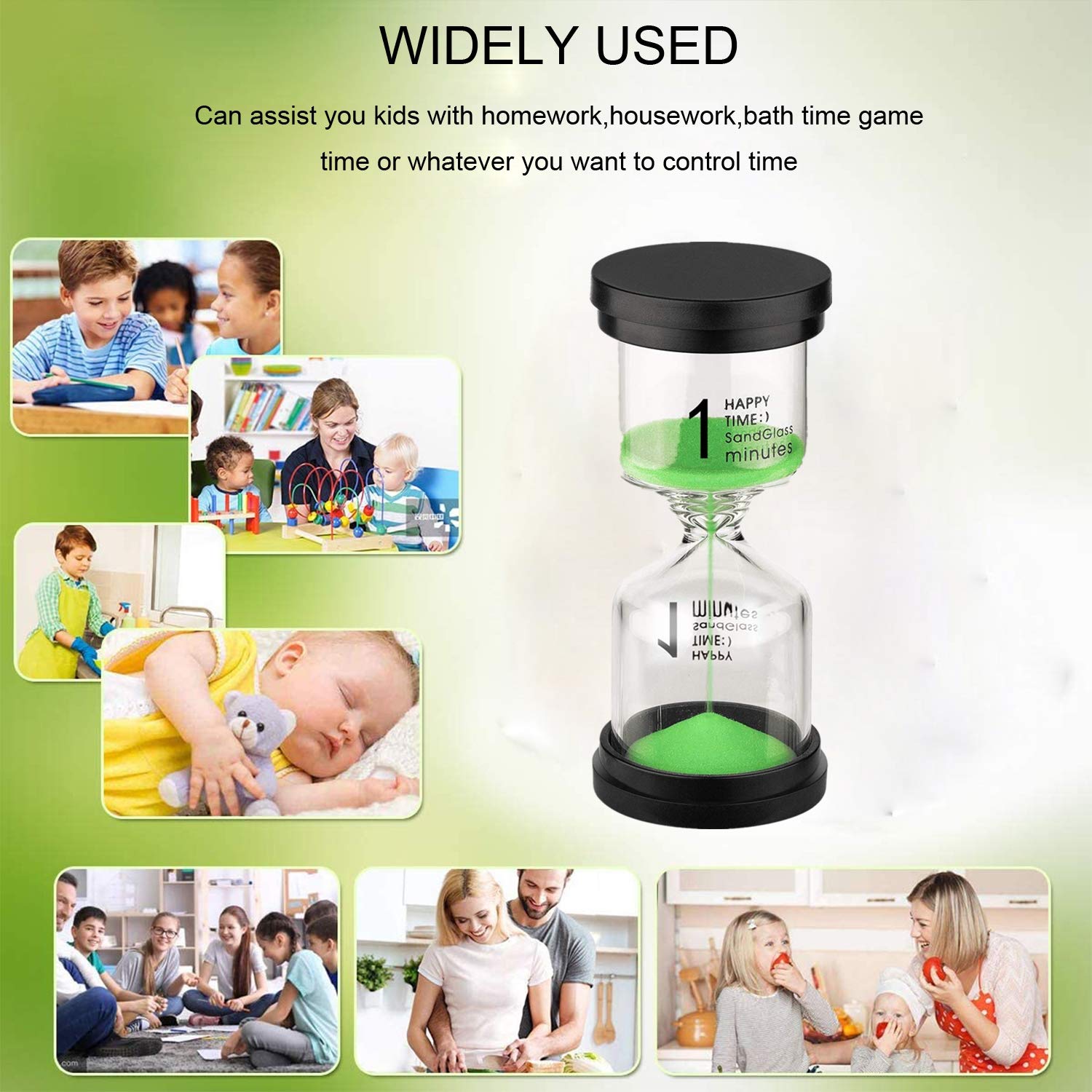 Suliao Sand Timer 1 Minute Hourglass: Green Sand Clock, Small Sand Watch 1 Min, Color Hour Glass Sandglass For Kids, Teacher, Ga