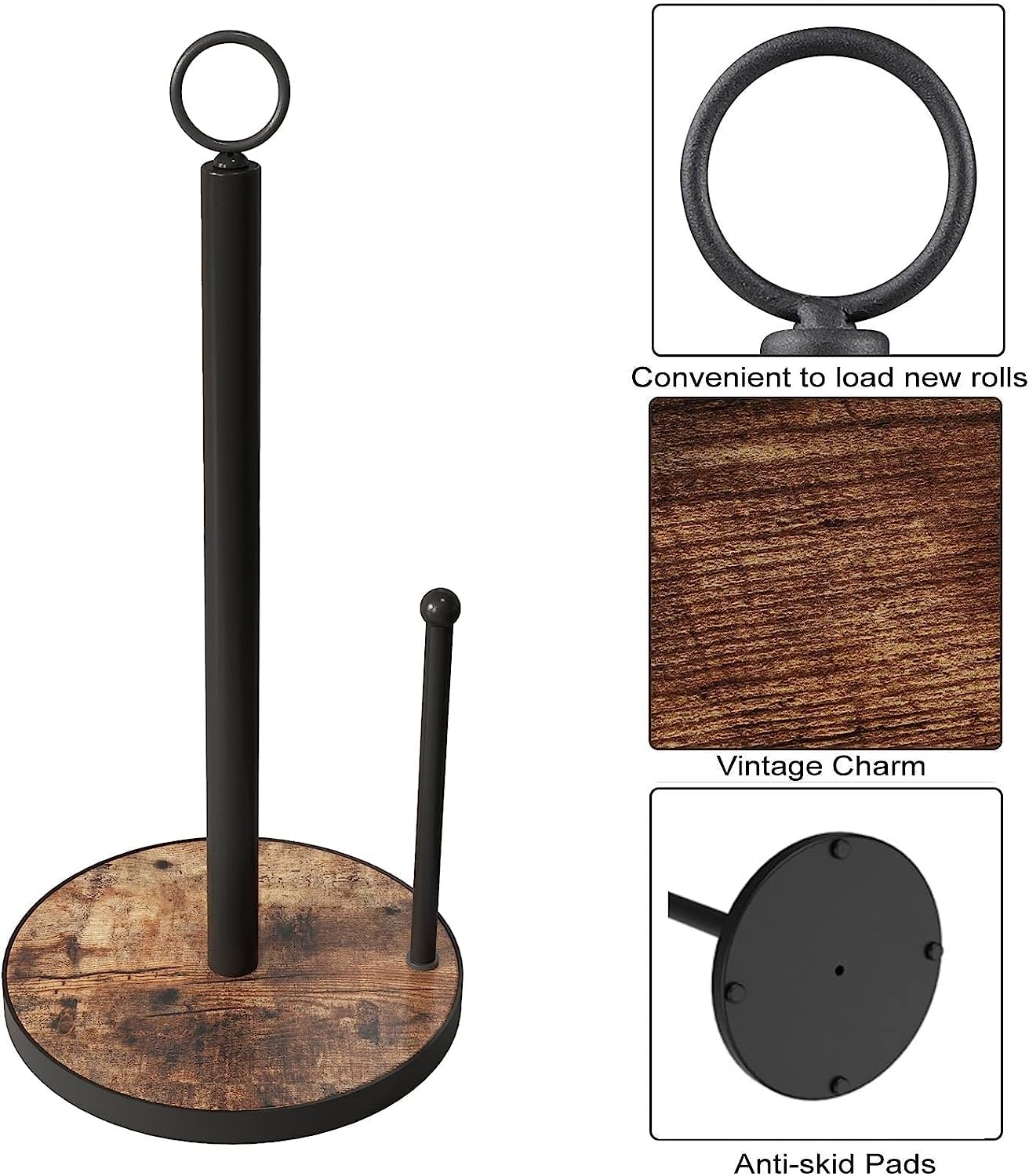 Oropy Paper Towel Holder Countertop With Heavy Duty Wood Base, Farmhouse Paper Towel Roll Stand For Kitchen Counter Fits Standar