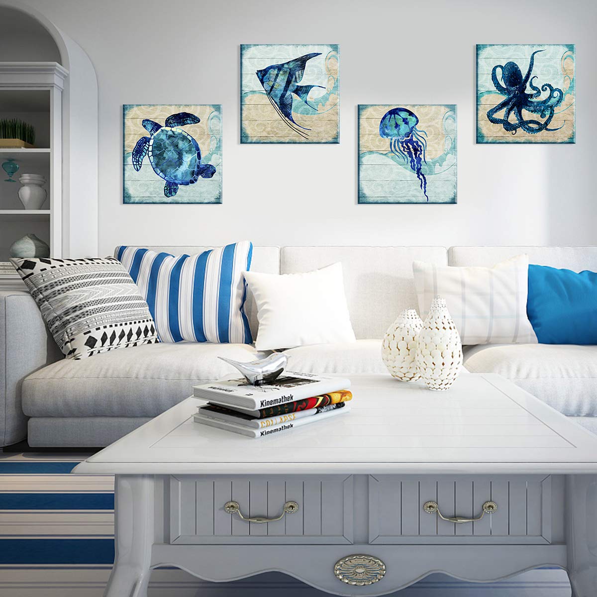 Aqua Blue Ocean Animals Wall Art Nursery Room Decor Beach Sea Turtle Octopus Jellyfish Fish Pictures Canvas Prints For Bedroom B