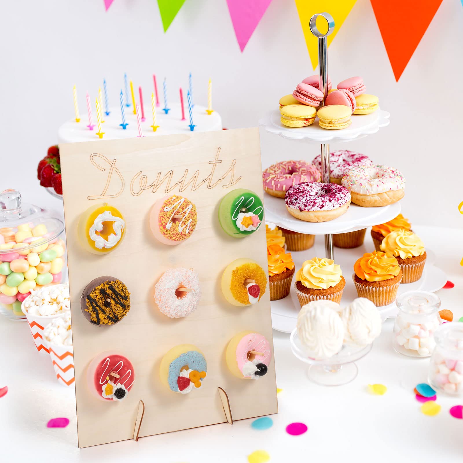 Yulejo 6 Pcs Donuts Display Stands Set Include 2 Pcs Donuts Wall Display Stands Diy Doughnuts Board Holder 4 Pcs Wood Donut Stan
