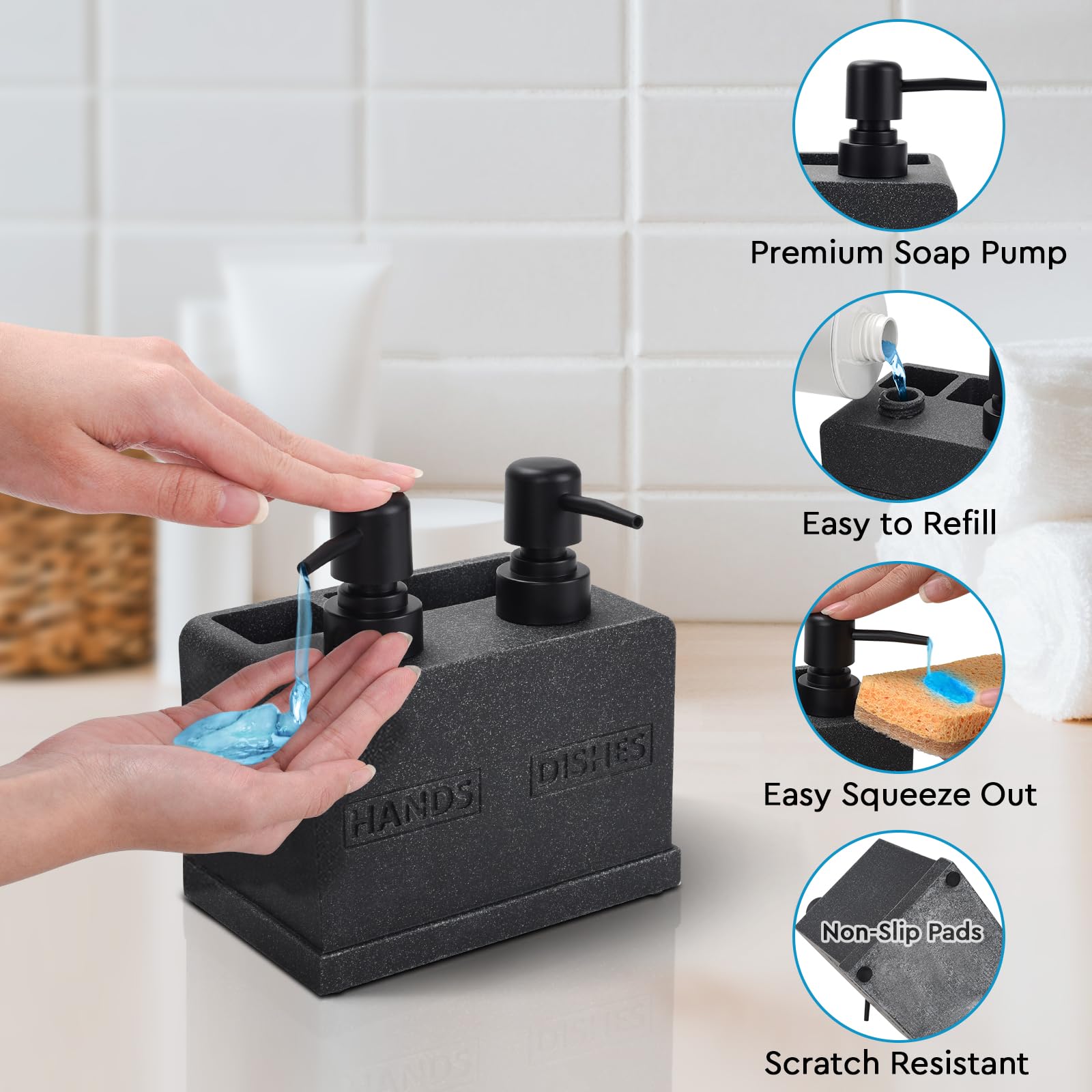 Hand And Dish Soap Dispenser Set For Kitchen Sink,Dual Soap Dispenser With Sponge Caddy And Brush Holder 4-In-1 Countertop Organ