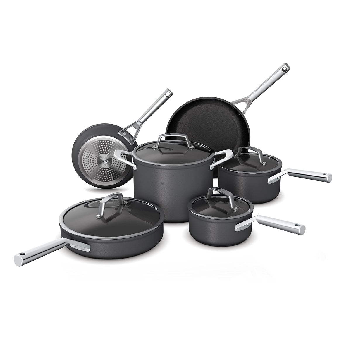 Ninja NeverStick Premium Hard-Anodized 10 Piece Pots & Pans Set, Nonstick Cookware Set, Durable, Oven Safe to 500F, Slate Grey,
