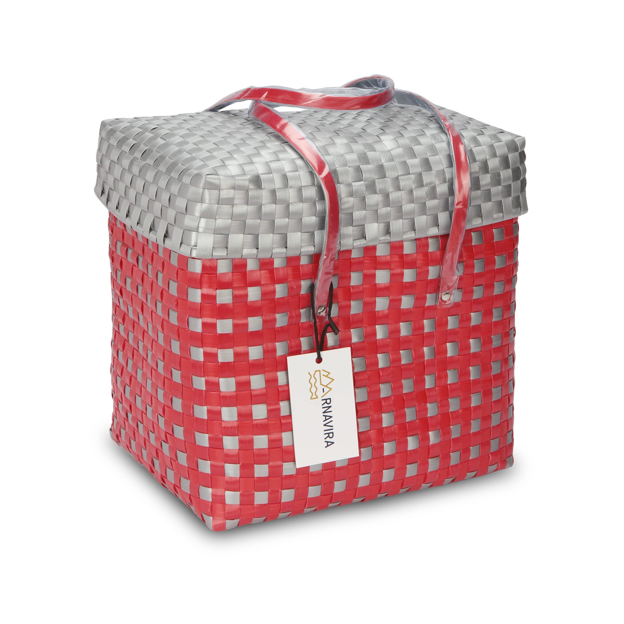Arnavira Handmade Multipurpose Basket With Lid 4L Used For Organiser, Makeup Items Storage,Kids Tiffin (18X12X19 Cm) (Red Silver