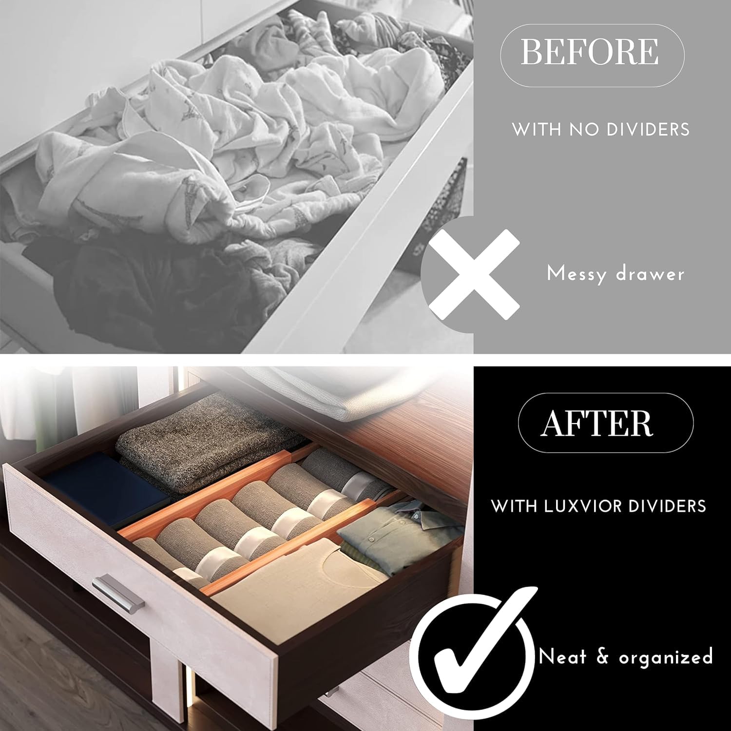 LUXVIOR Expandable Bamboo Drawer Dividers 8 pack with labels(17.5''-22'') Drawer Organizer for Kitchen, Clothes,Utensils,Silverw