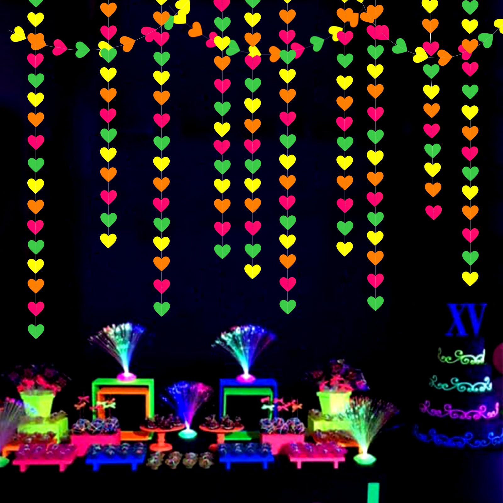 UV Neon Party Decorations Heart-Garland - 52ft Glow in The Dark Supplies,80s Hanging Streamers Banner,Girl Romantic Wedding Anni