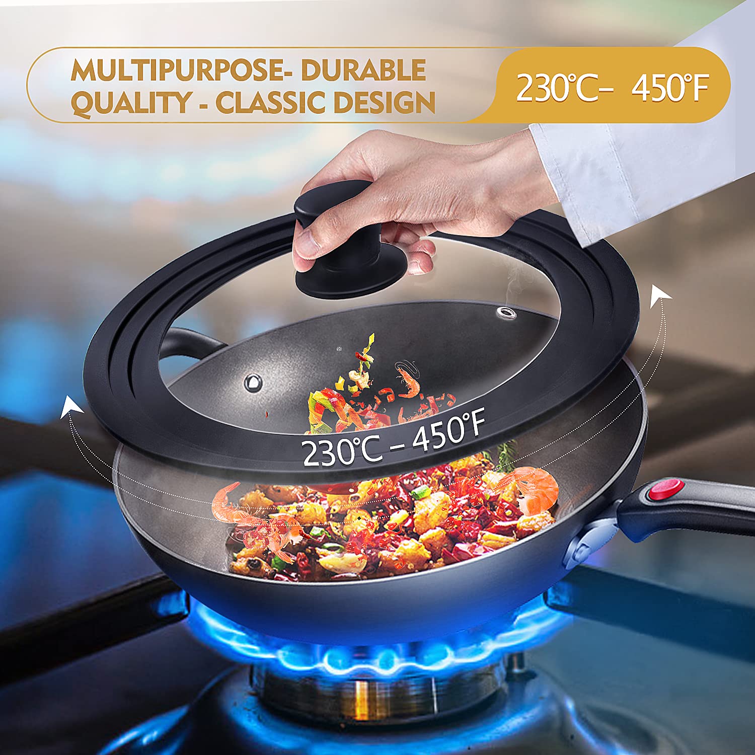 Ydeapi Universal Lid For Pots, Pans And Skillets, Pot Lid With Heat Resistant Silicone Rim And Tempered Glass,Fits 9.5'', 10'',