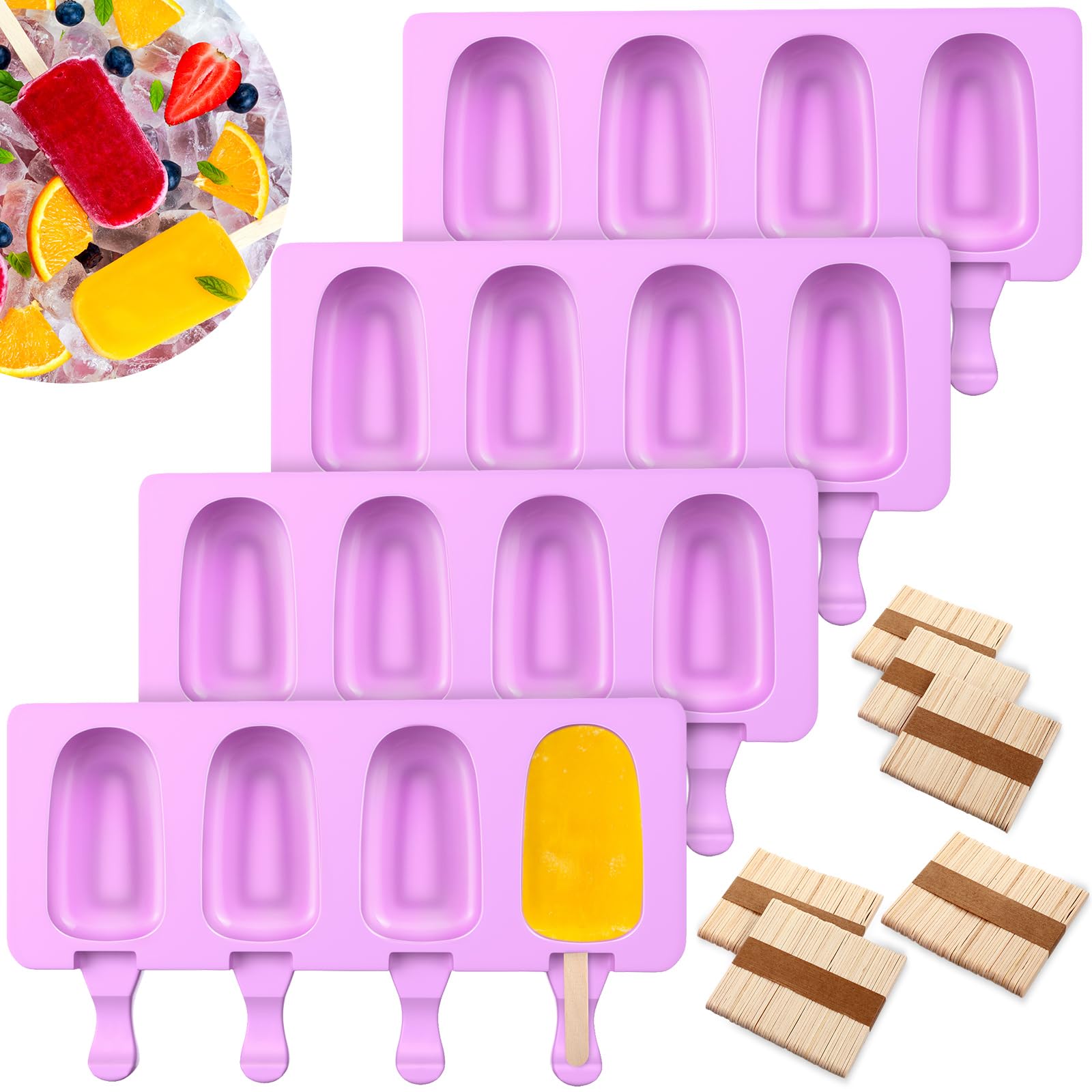Outus 4 Pieces Ice Cream Mould Silicone Ice Lolly Mold 4-cavity Cake Pop Moulds Baking Molds with 200 Pieces Sticks for Treats (