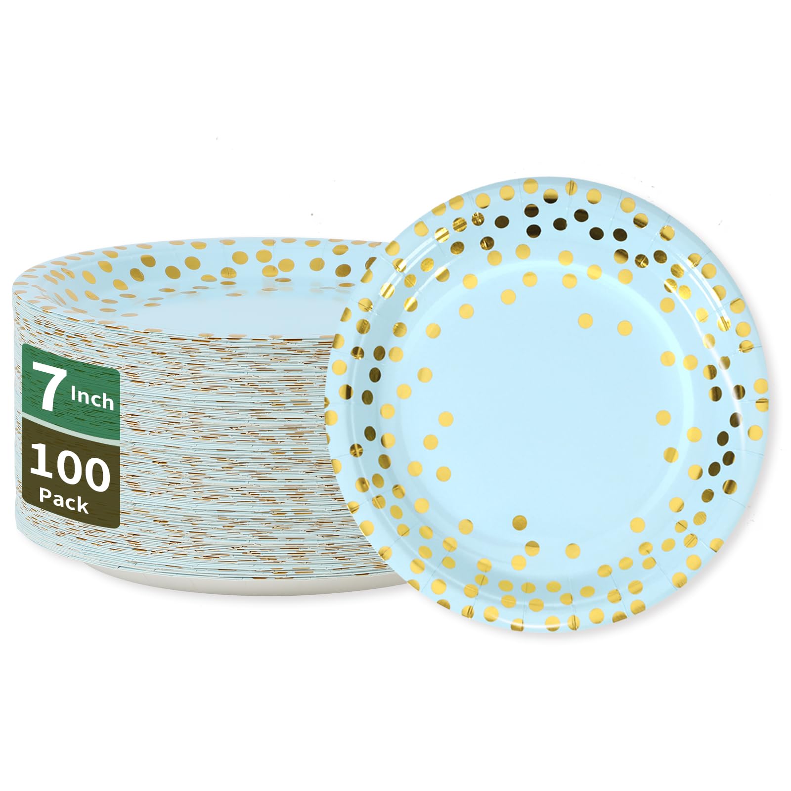 Cenlbj Blue And Gold Paper Plates,7Inch Blue Dessert Plates For Appetizers,Cakes,Salads And Fruits,Suitable For Baby Shower,Birt