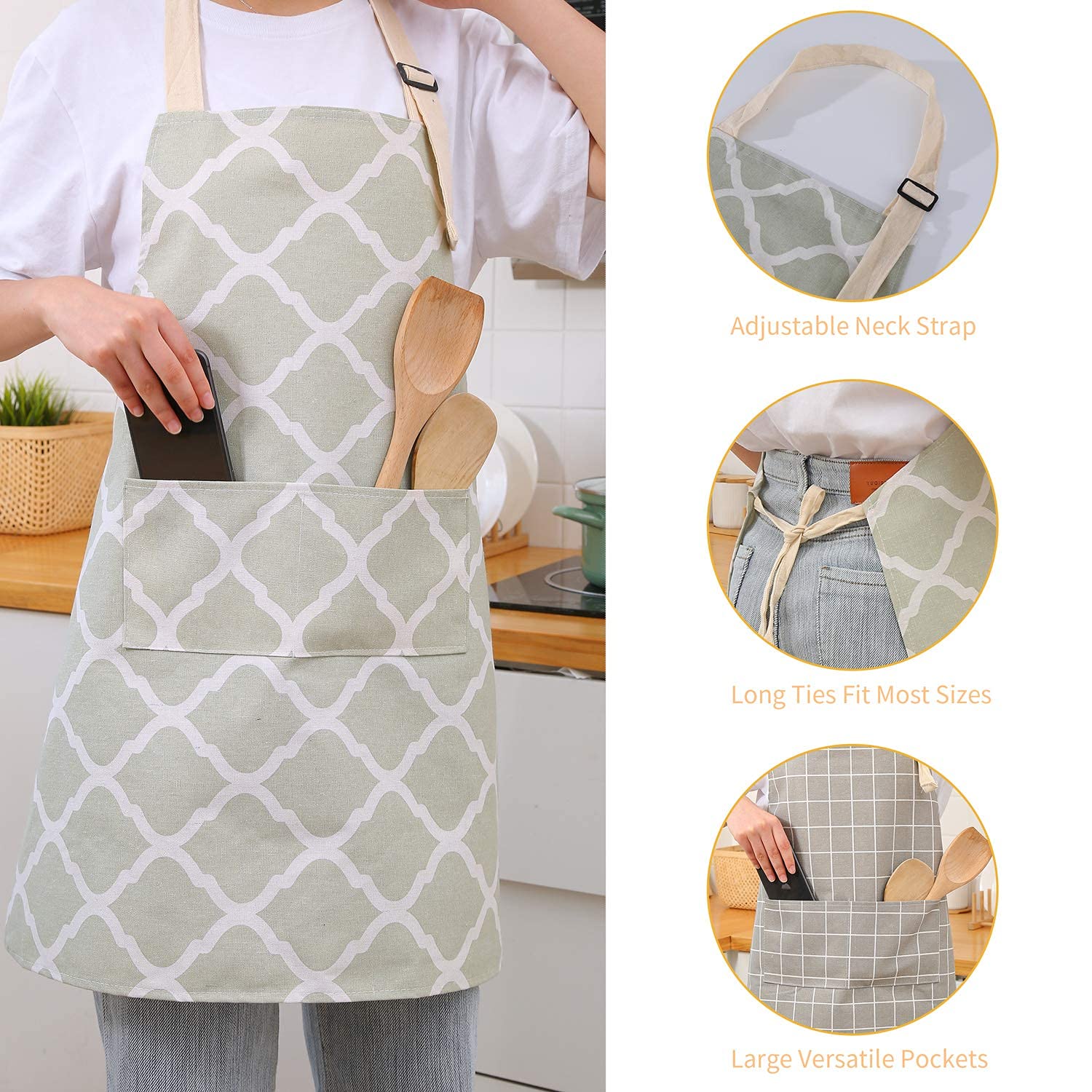 Tosewever 2 Pack Cotton Adjustable Bib Apron For Women, Cooking Kitchen Aprons With Pockets Bbq Drawing, Mom Woman Men Chef (Cot