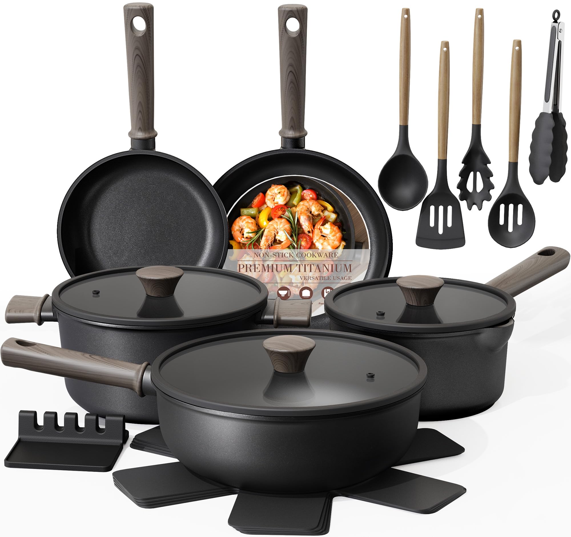 Astercook Non Stick Pots and Pans Set, Healthy Non-Toxic Titanium Induction Kitchen Cookware Sets for Cooking with Frying Pans, 