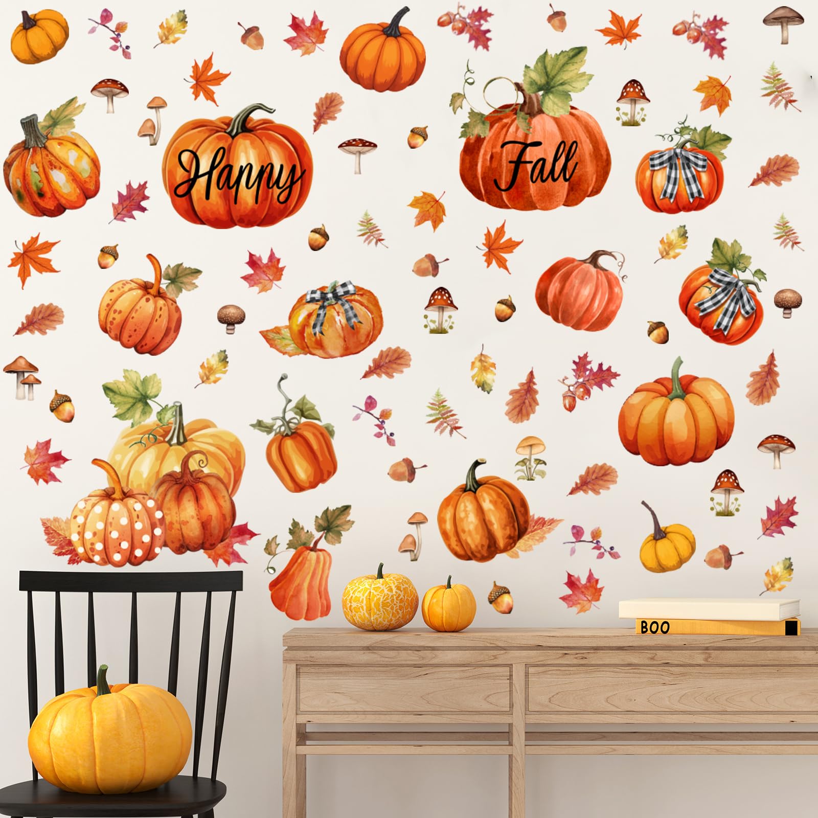 Eersida 6 Sheets 89 Pcs Thanksgiving Wall Decals Fall Oil Painting Pumpkin Wall Decals Maple Leaves Stickers for Thanksgiving Gl