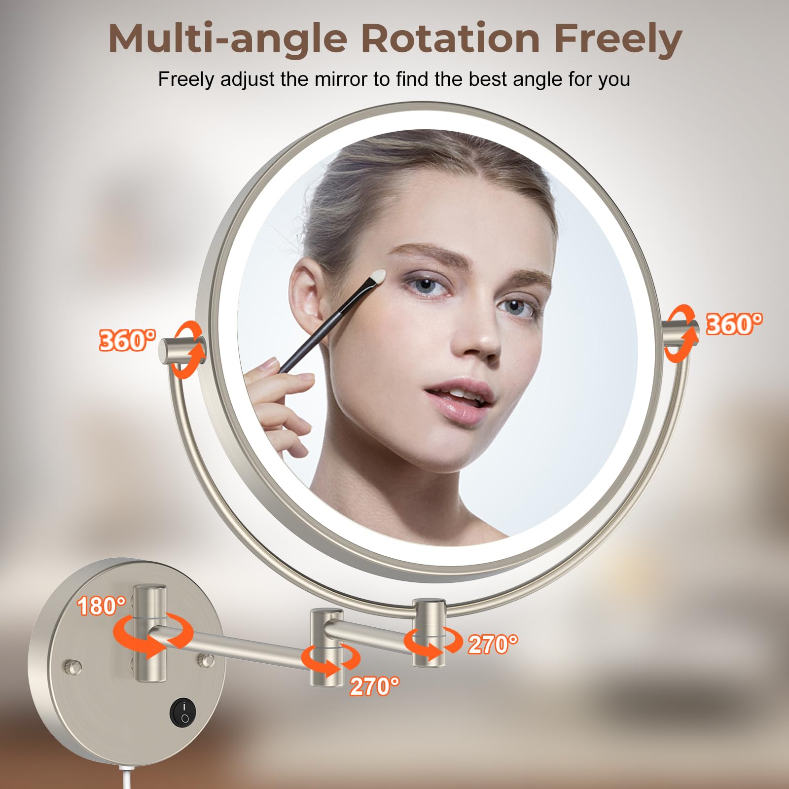Rocollos 9'' Plug-In Wall Mounted Lighted Makeup Mirror 1X/10X Magnification, Super Large Double Sided Led Vanity Mirror For Bat