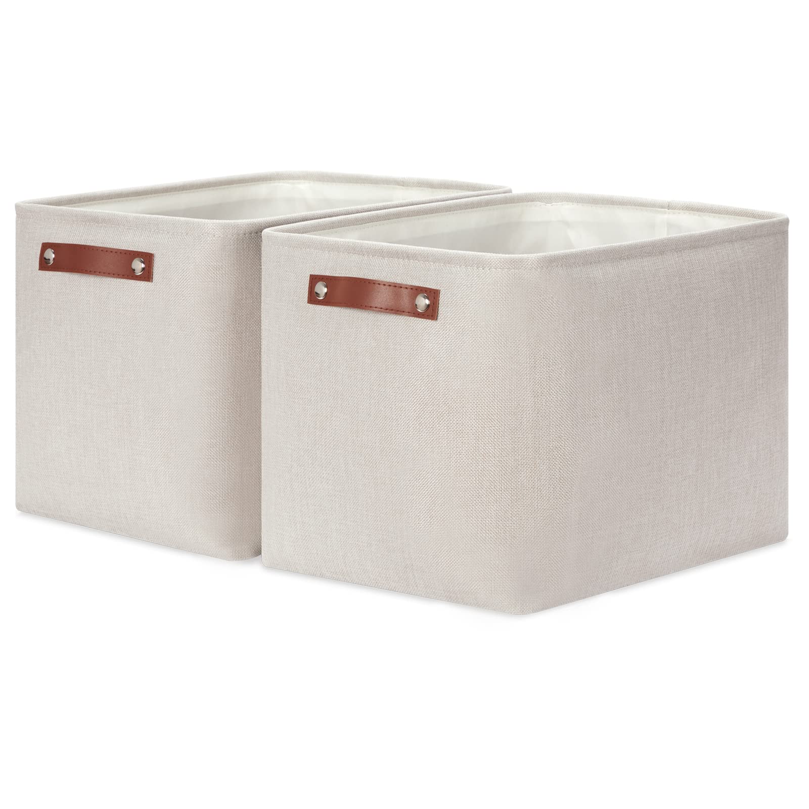 Hnzige Large Canvas Baskets 16 ''  11.8 ''  11.8 '' Decorative Storage Bins With Leather Handles (2 Pack) Collapsible Rectangle