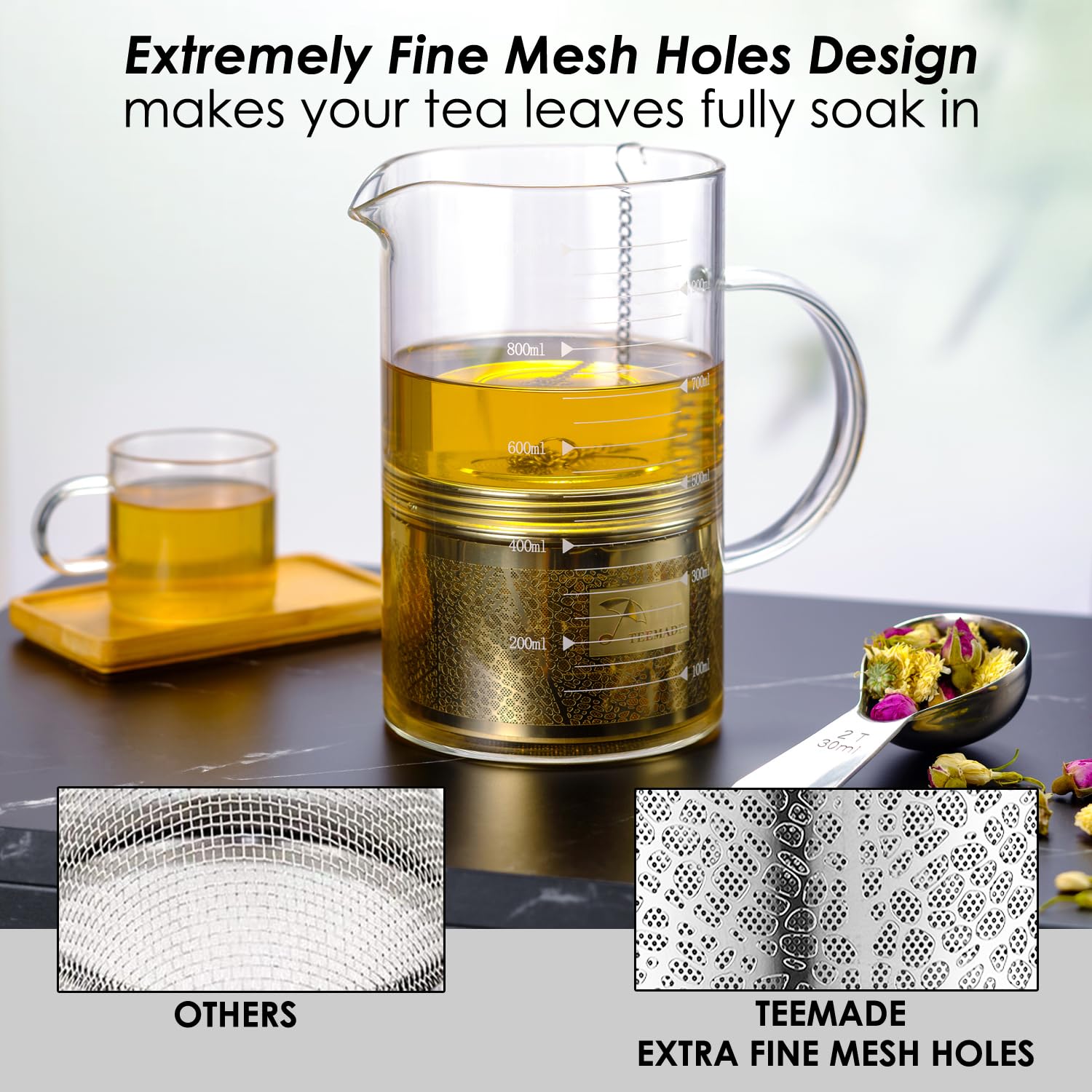 Teemade Large Tea Filter -Sus 304 Stainless Steel Tea Strainer With Extended Chains And Extra Fine Mesh Tea Infuser For Steeping